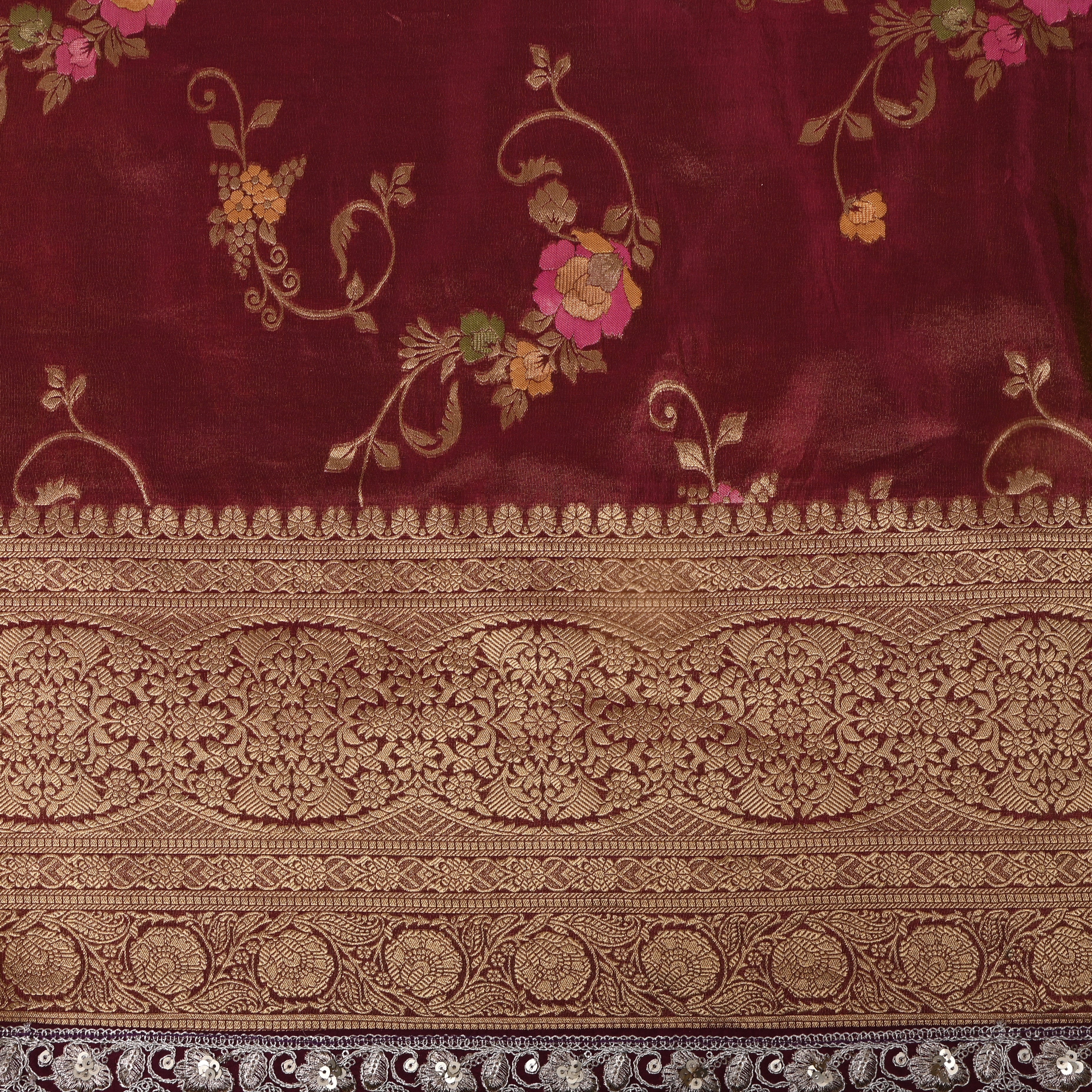Deep Maroon Floral Vine Jamawar Tissue