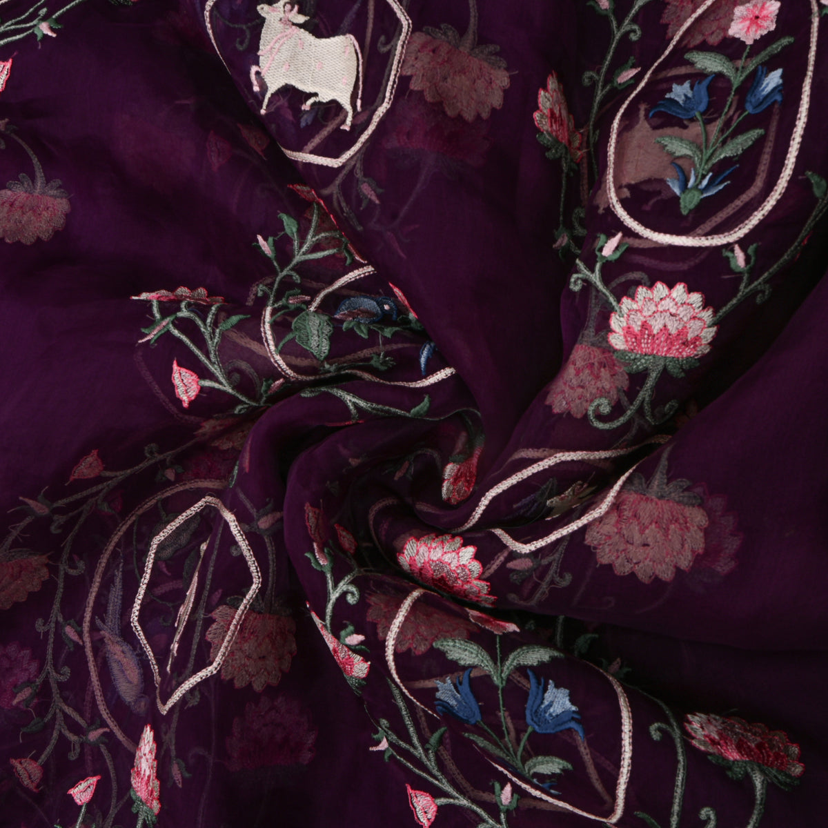 Dark Purple Organza With Shikargah Thread Work