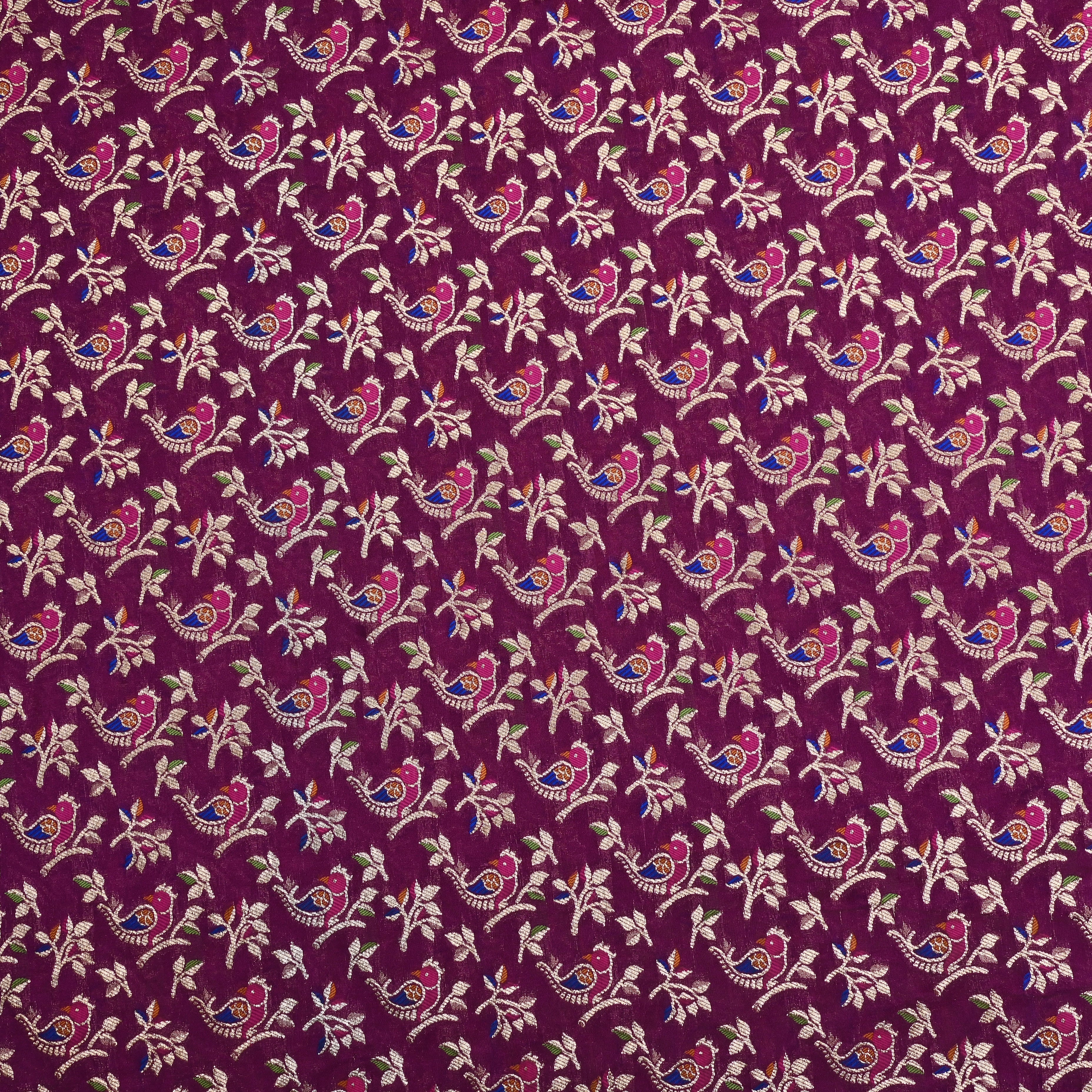 Magenta Purple Banaras Fabric With Avian Pattern