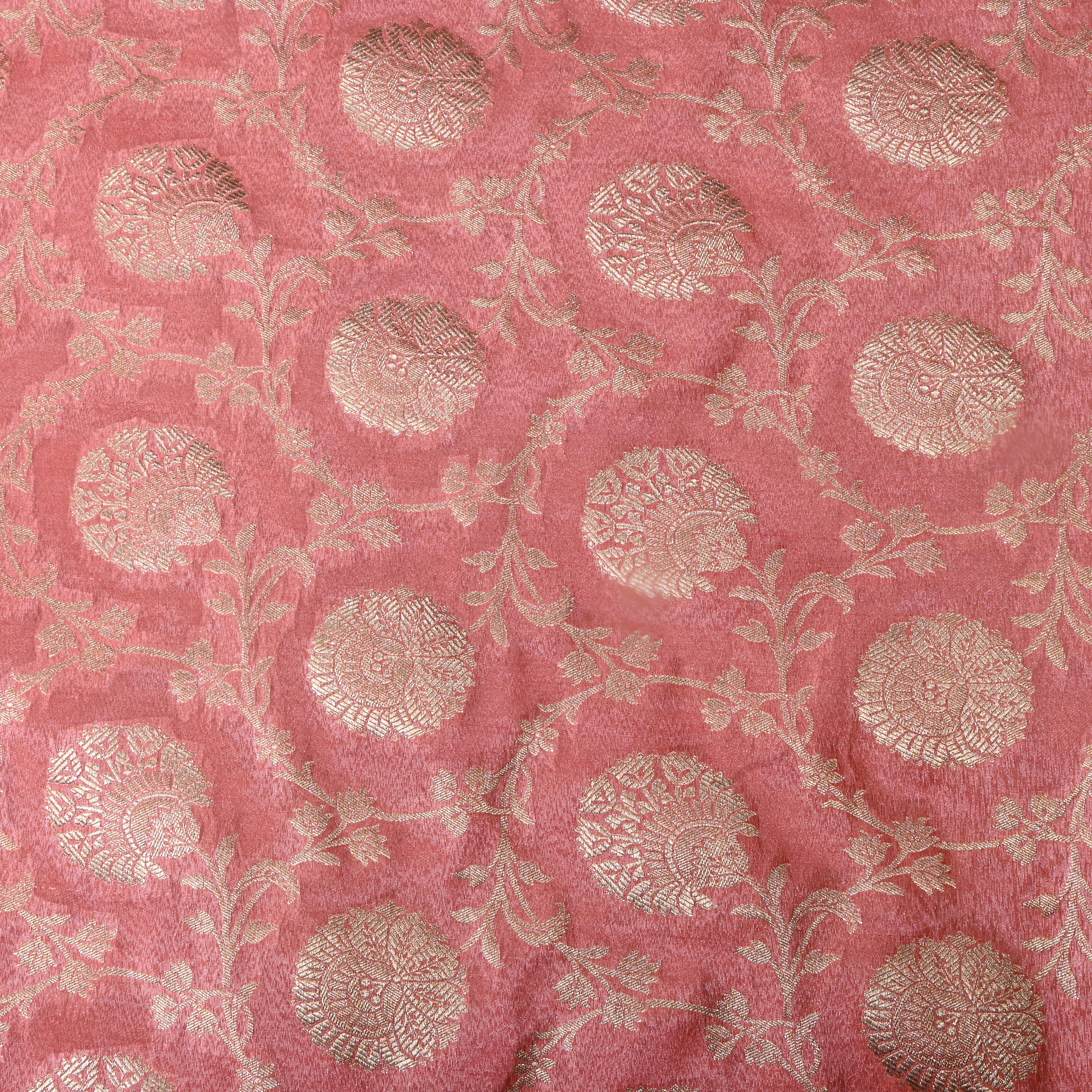 Pastel Peach Pink Floral Jamawar Silk Fabric