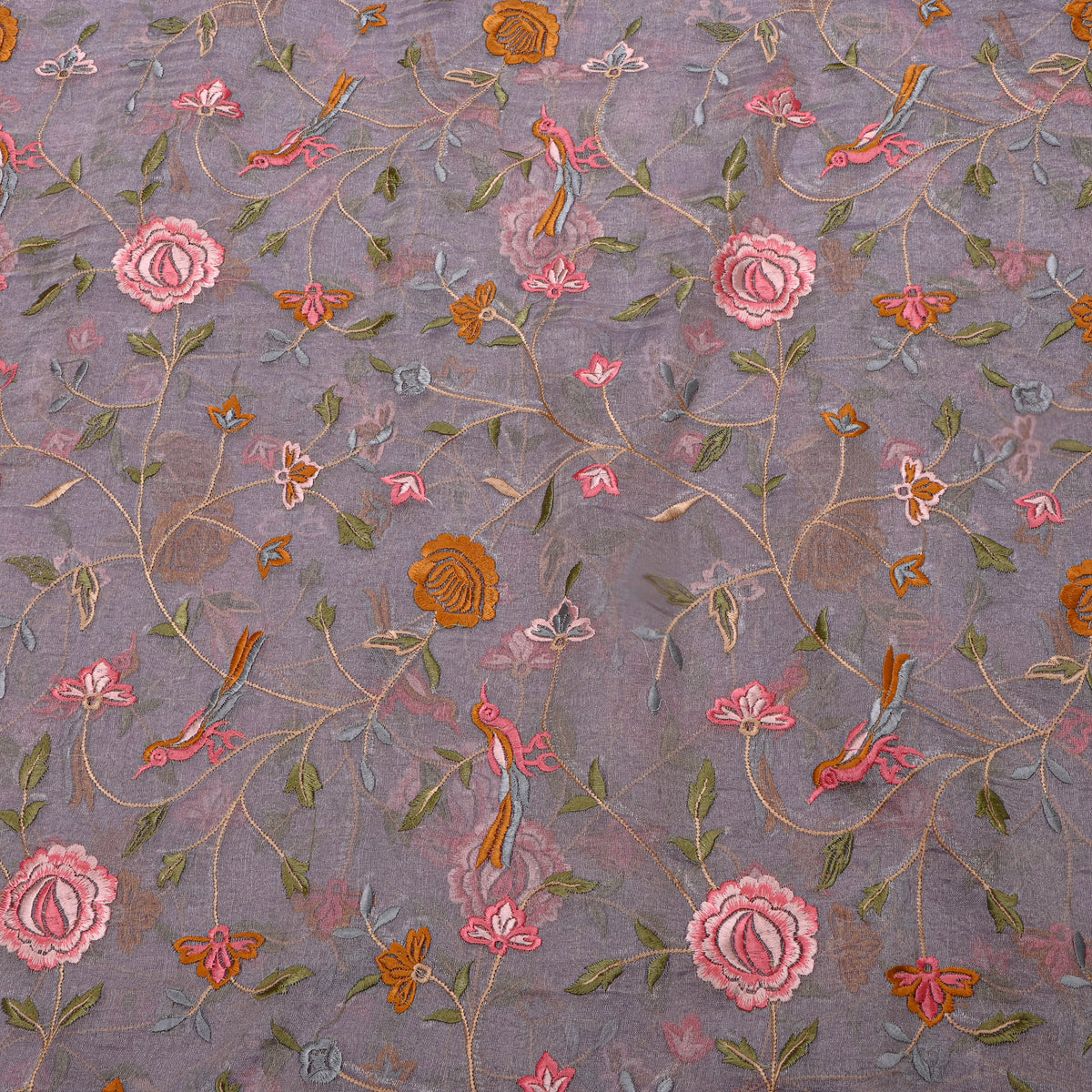Purple Floral Jaal Thread Work Tissue Fabric