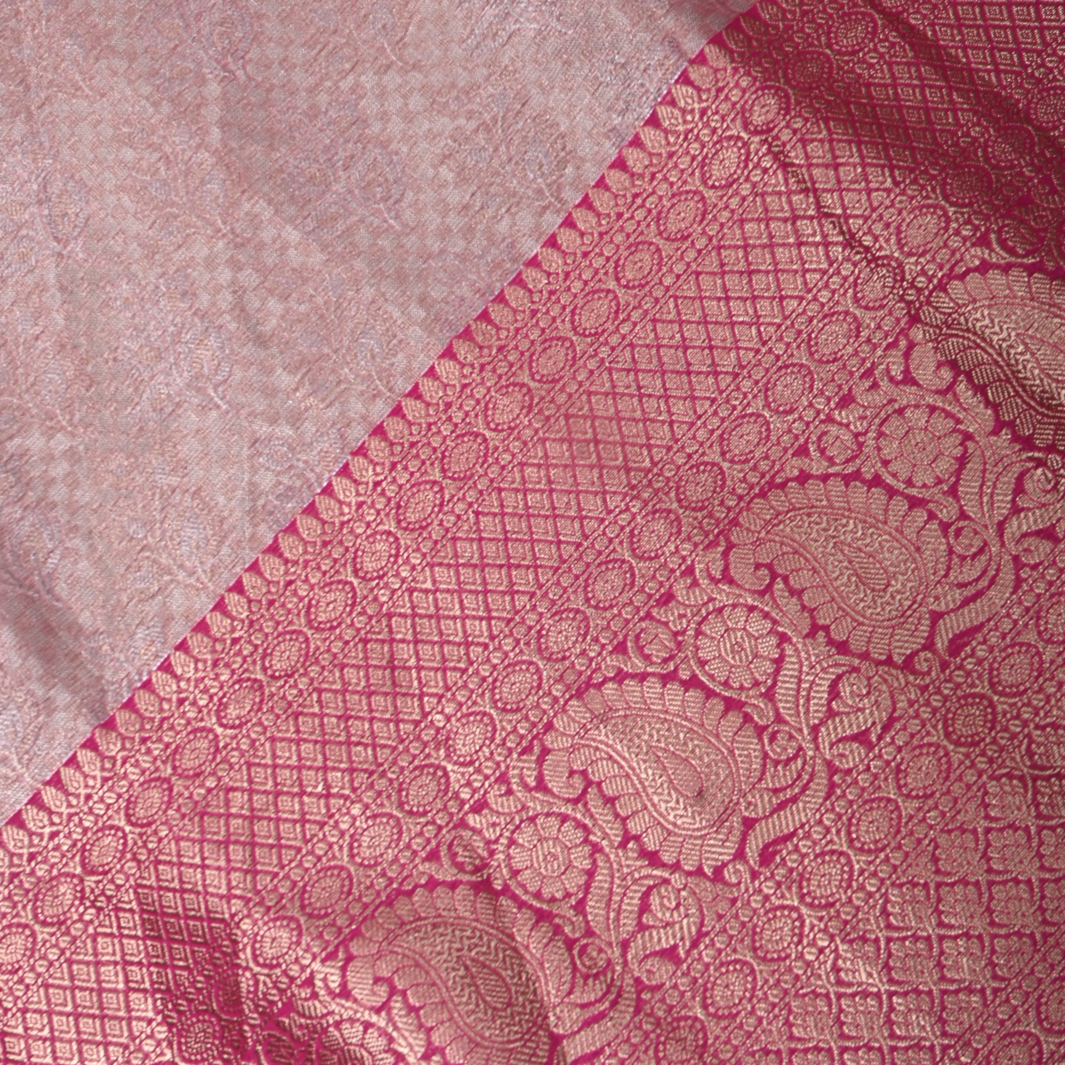 Blush Pink Magenta Paisley Border Jamawar Silk Fabric