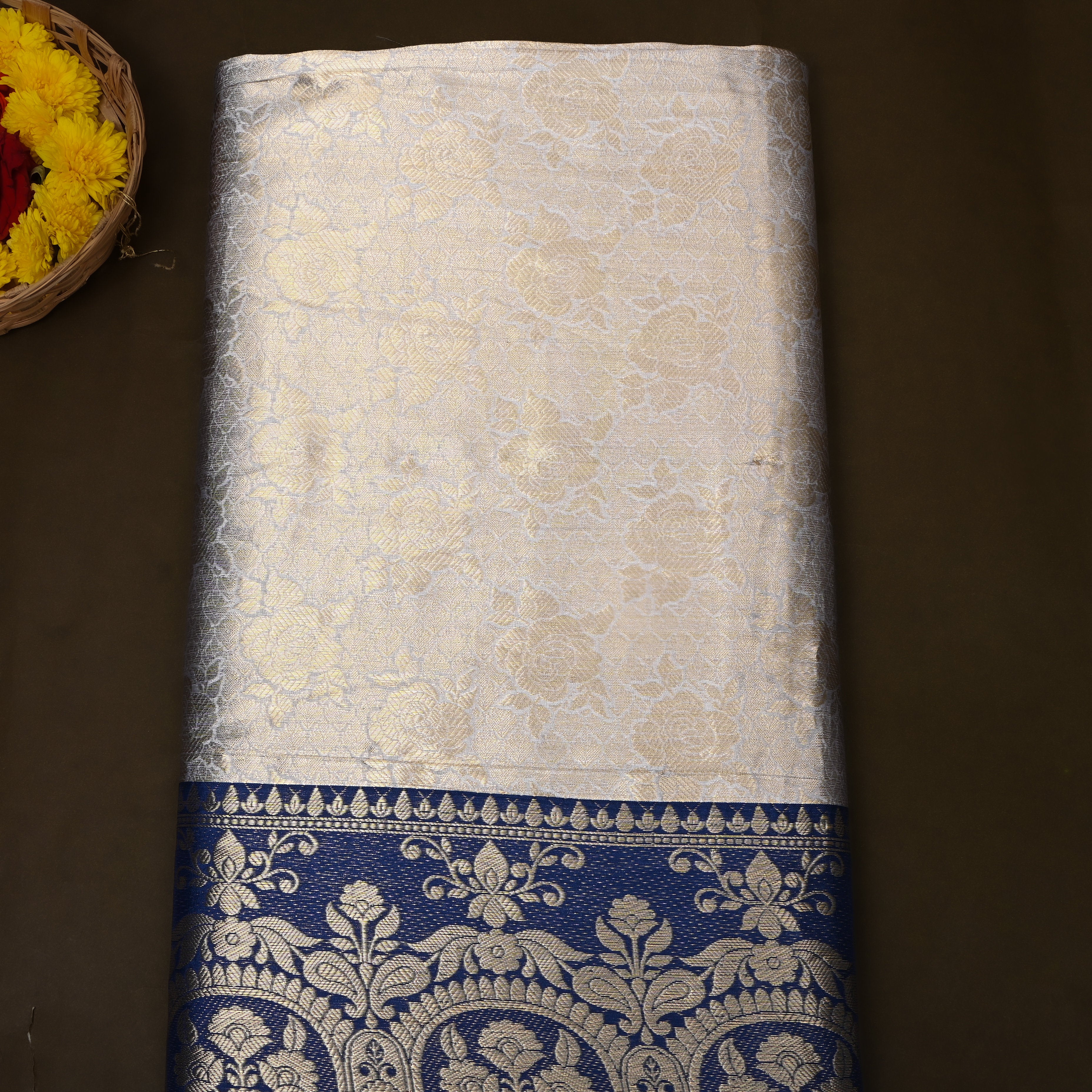 Ivory Cream Navy Border Jamawar Silk Fabric
