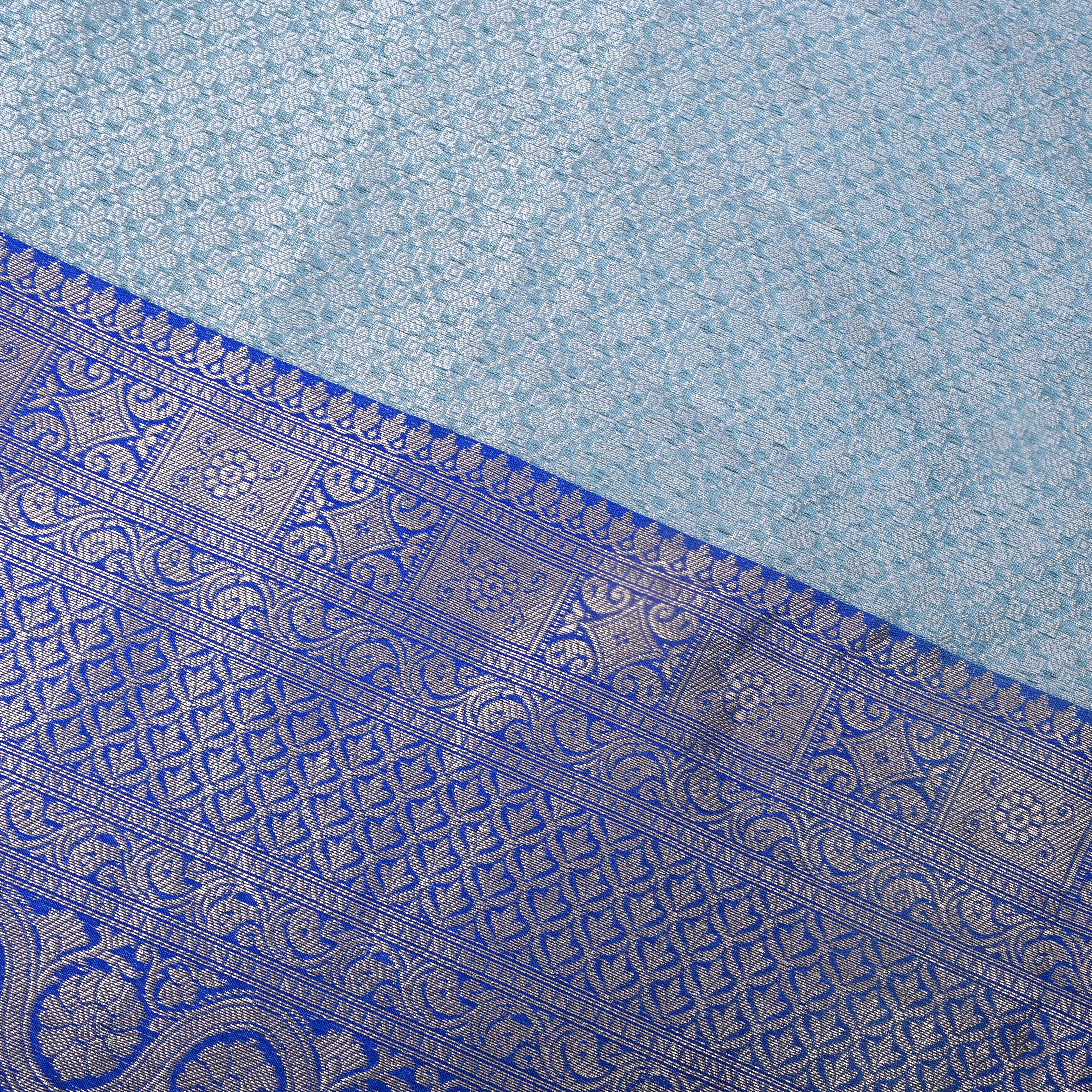 Powder Blue Royal Blue Temple Border Jamawar Silk Fabric