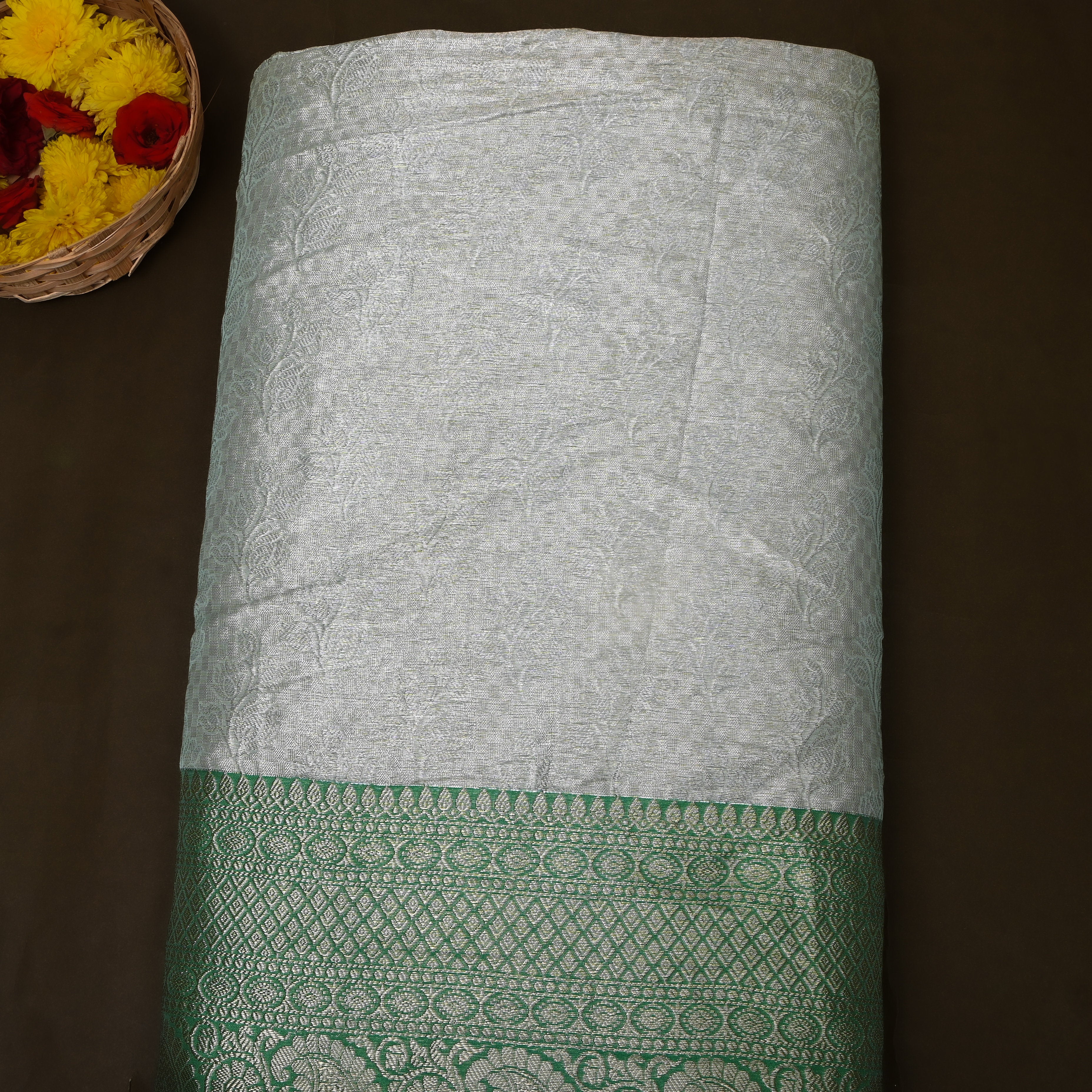 Silver Green Paisley Border Jamawar Silk Fabric
