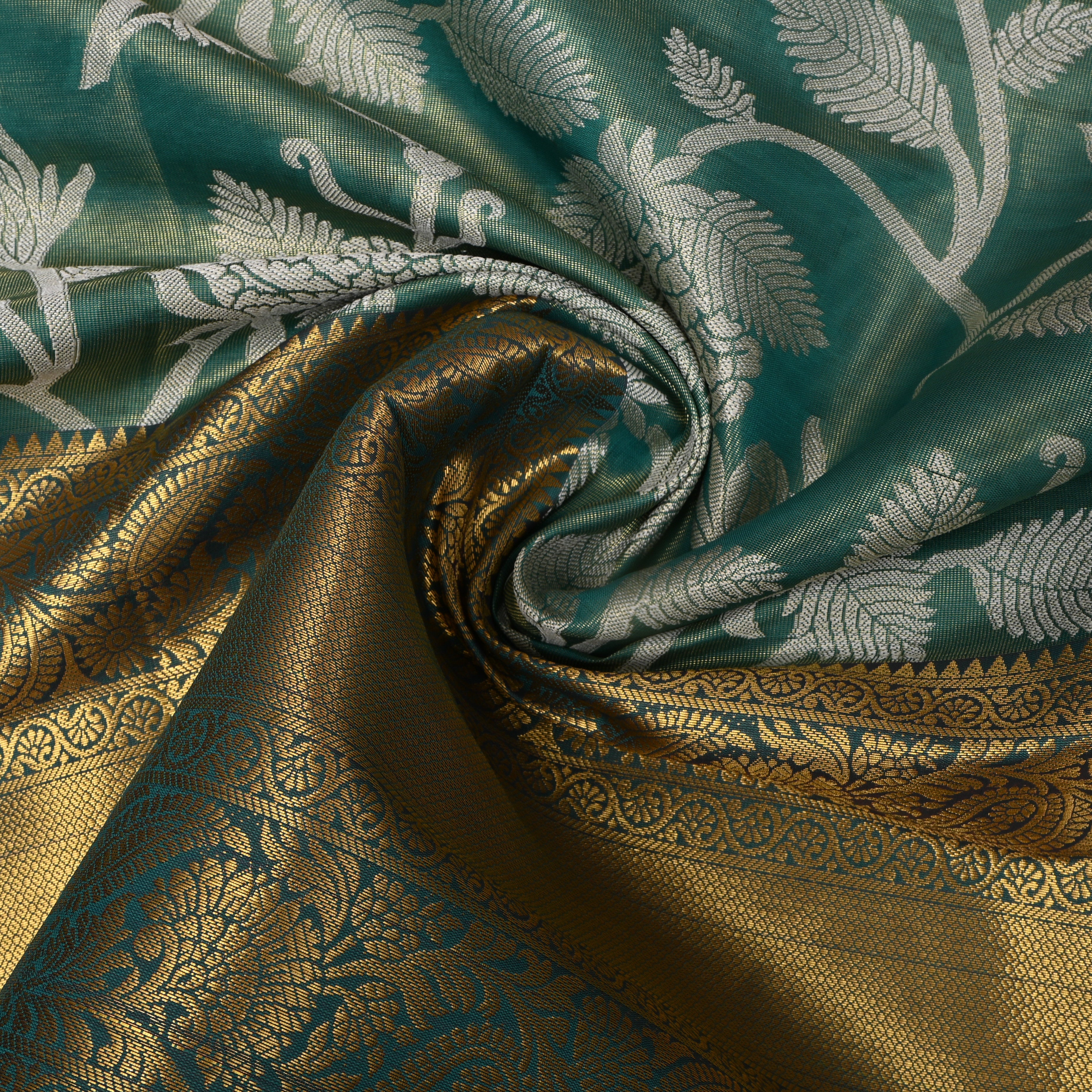 Teal Green Gold Zari Floral Jaal Kanchi Fabric