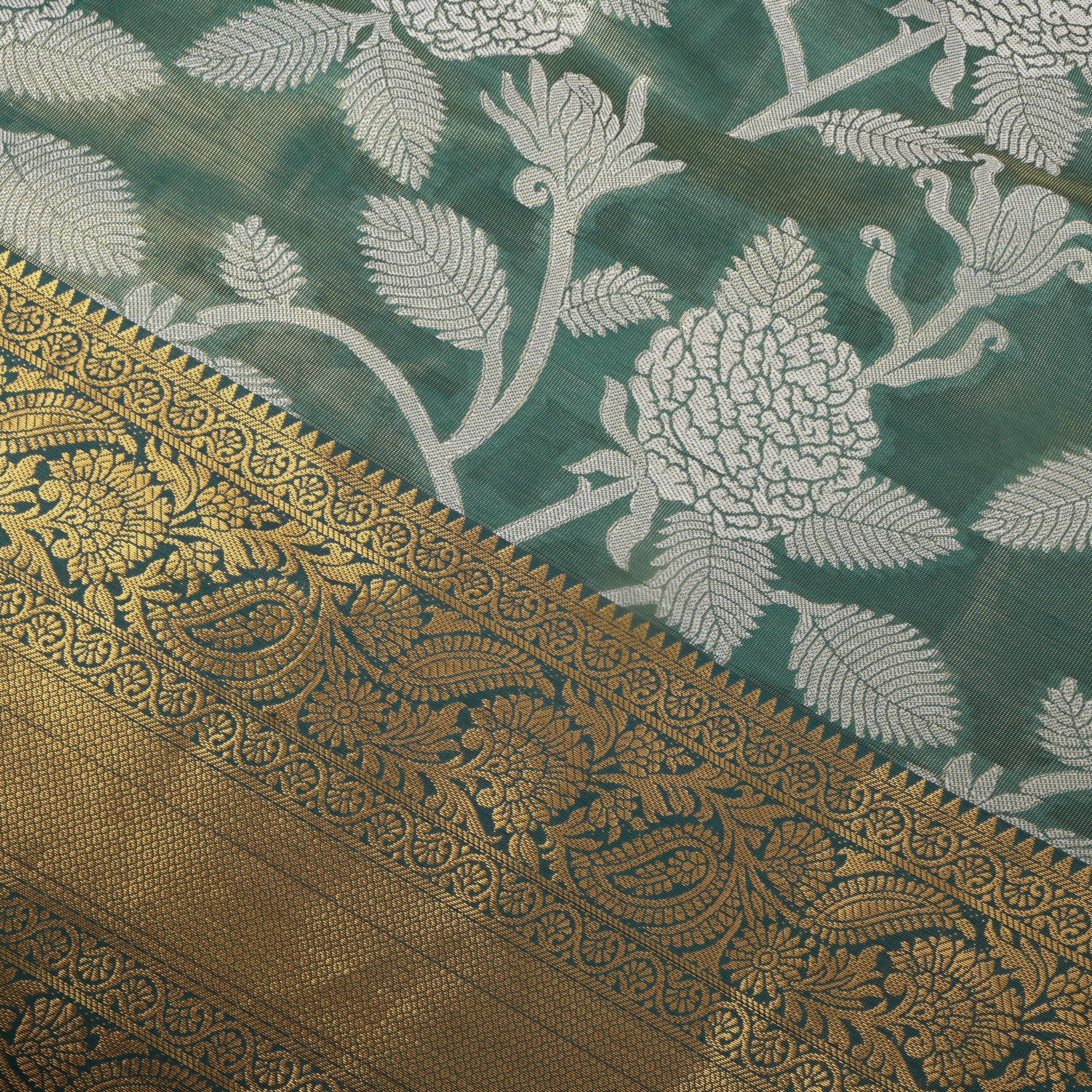 Teal Green Gold Zari Floral Jaal Kanchi Fabric