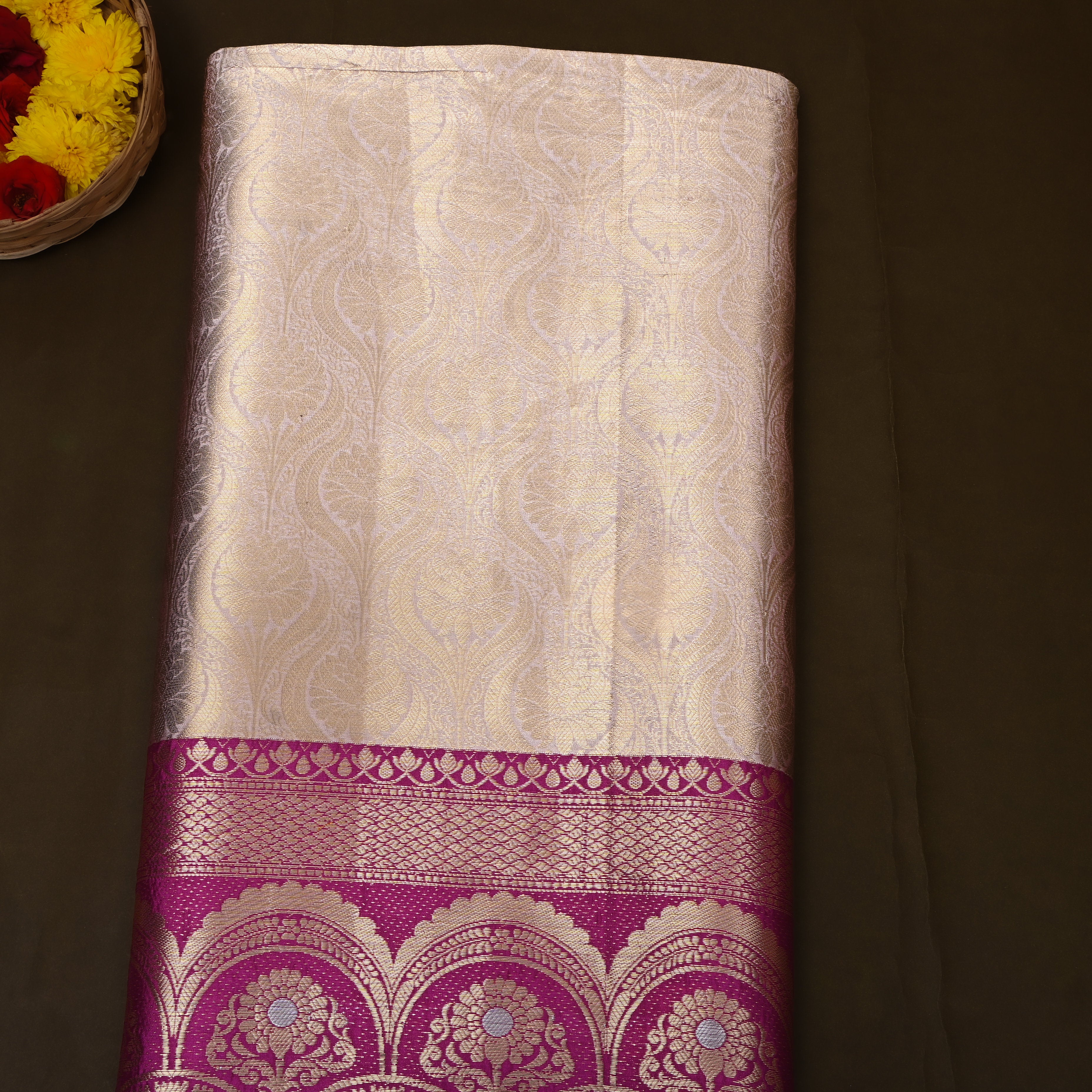 Ivory Turquoise Temple Border Jamawar Silk Fabric