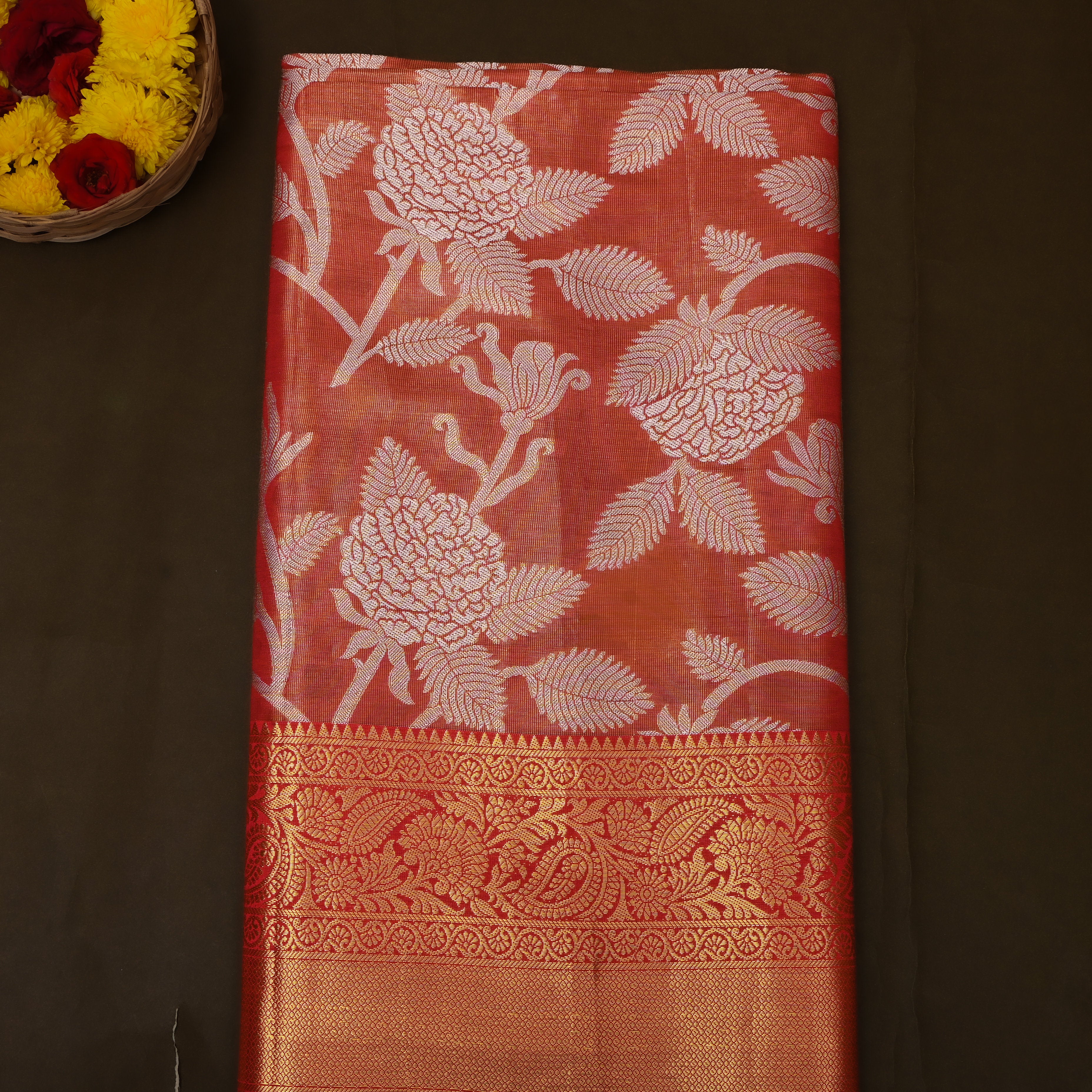 Scarlet Red Gold Zari Floral Jaal Kanchi Fabric