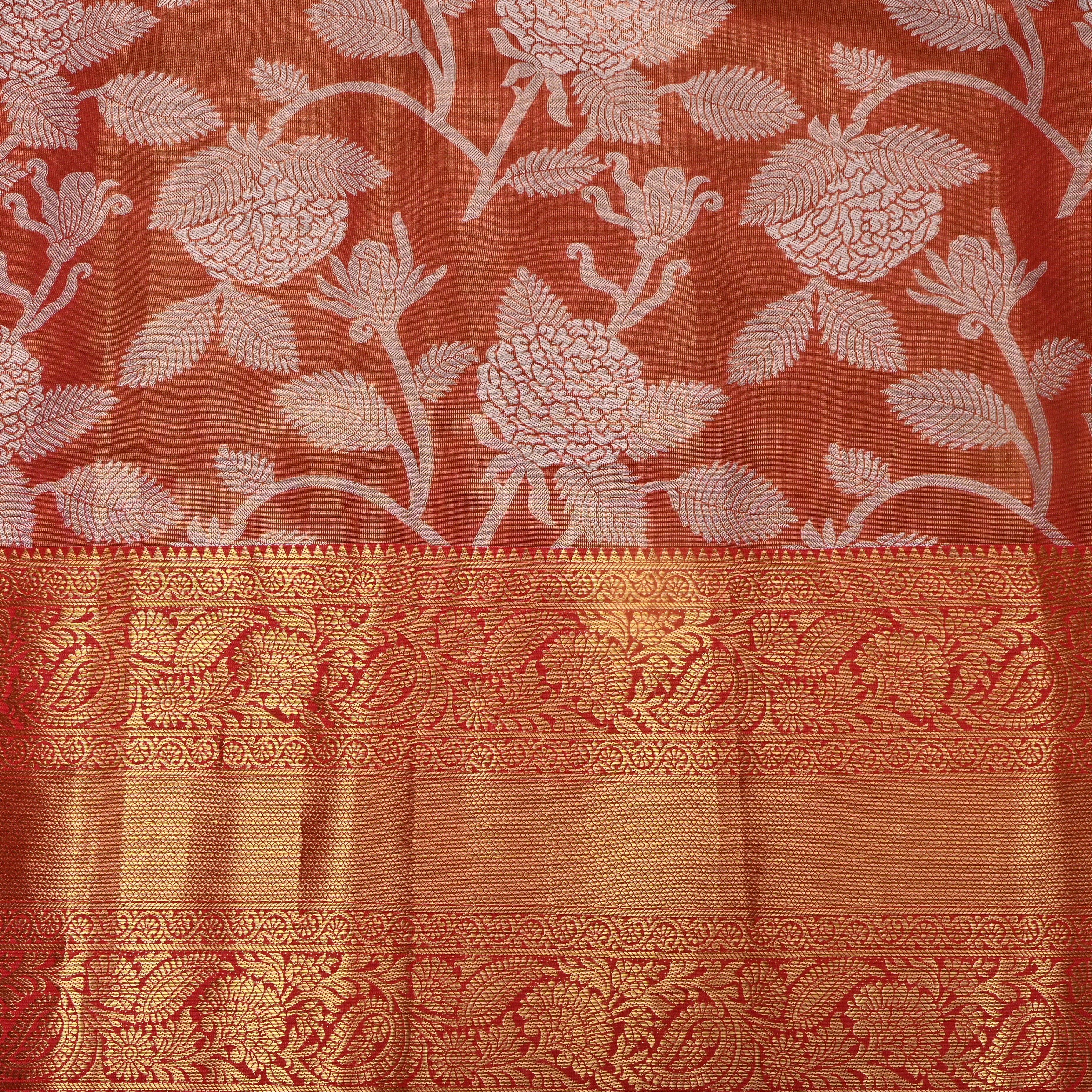 Scarlet Red Gold Zari Floral Jaal Kanchi Fabric