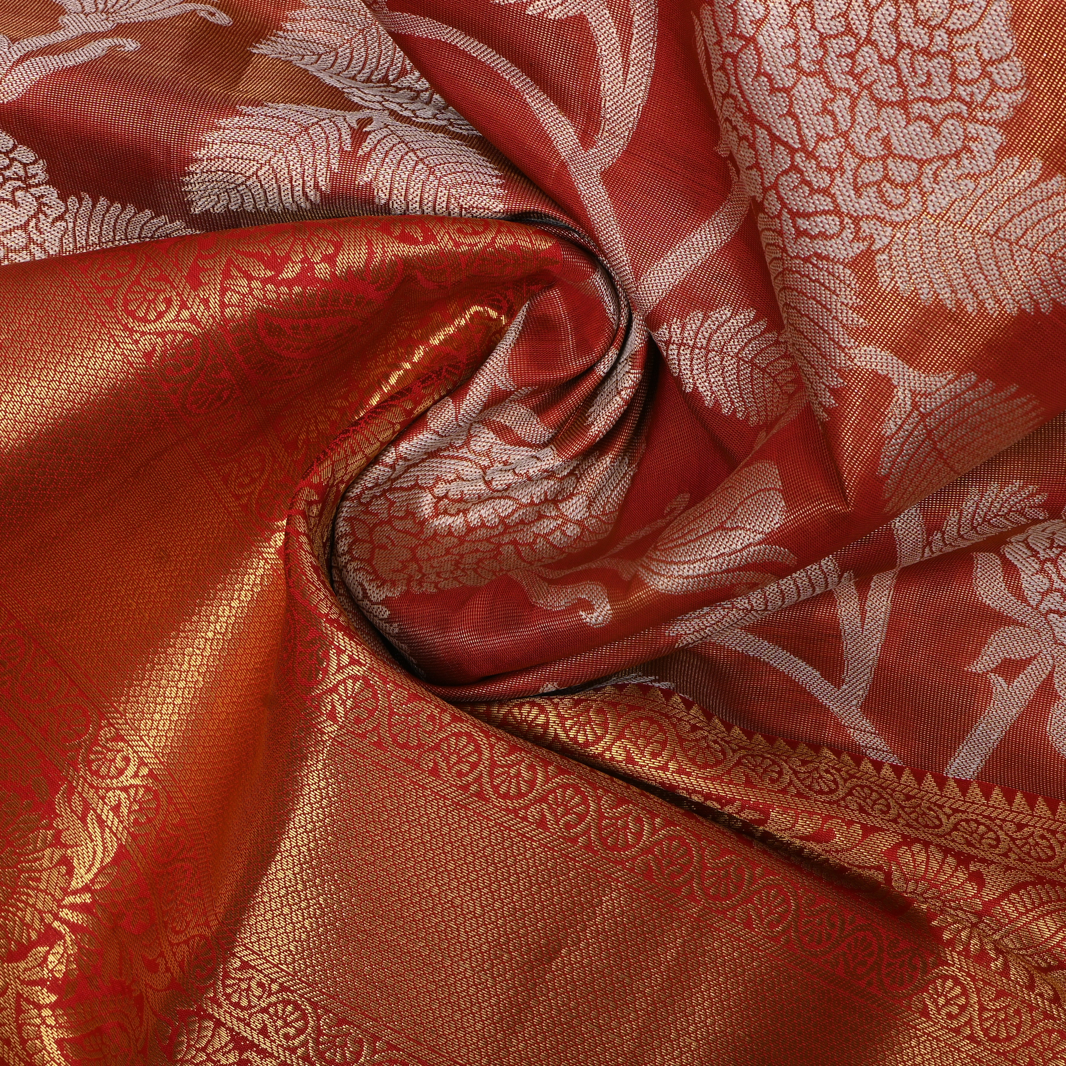 Scarlet Red Gold Zari Floral Jaal Kanchi Fabric