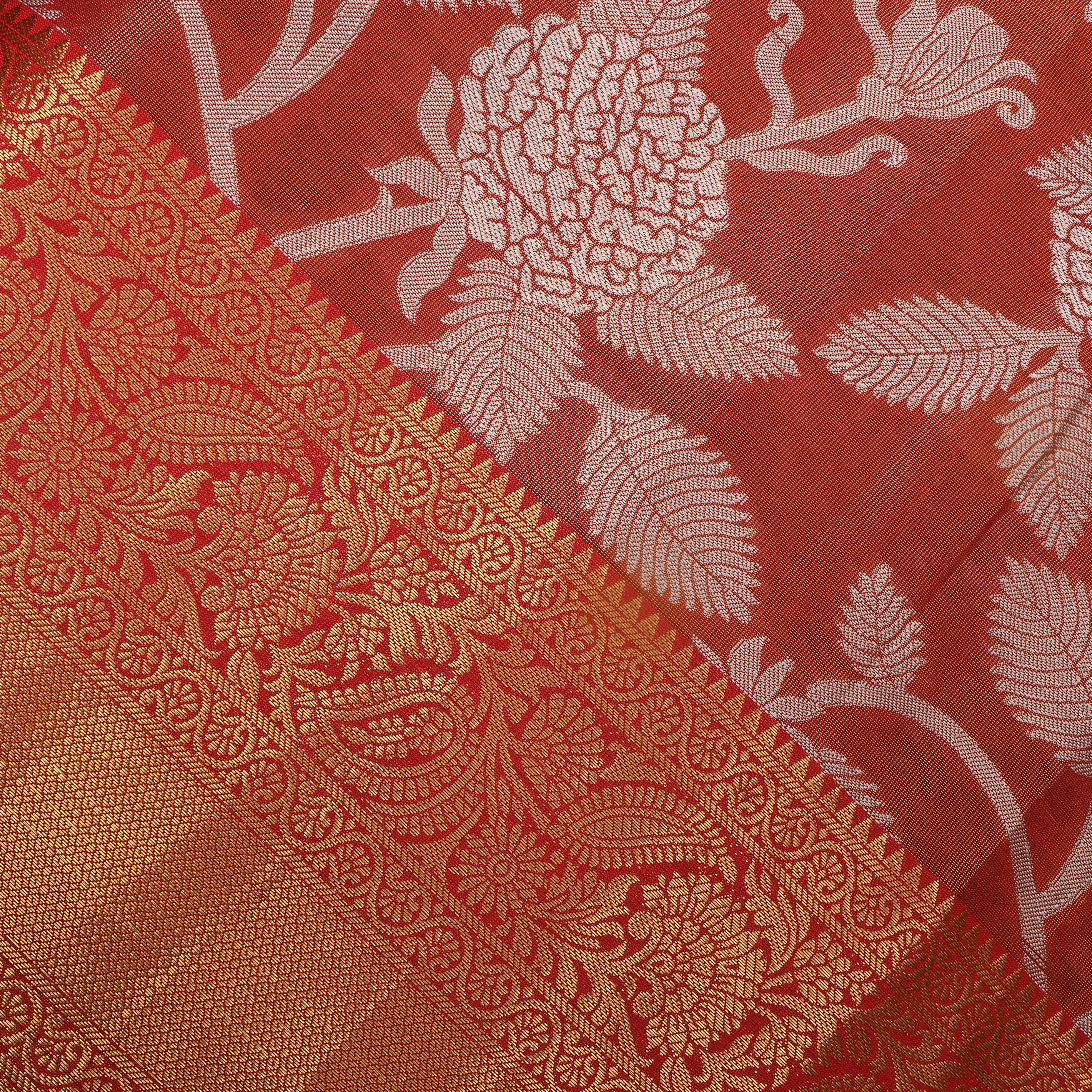 Scarlet Red Gold Zari Floral Jaal Kanchi Fabric