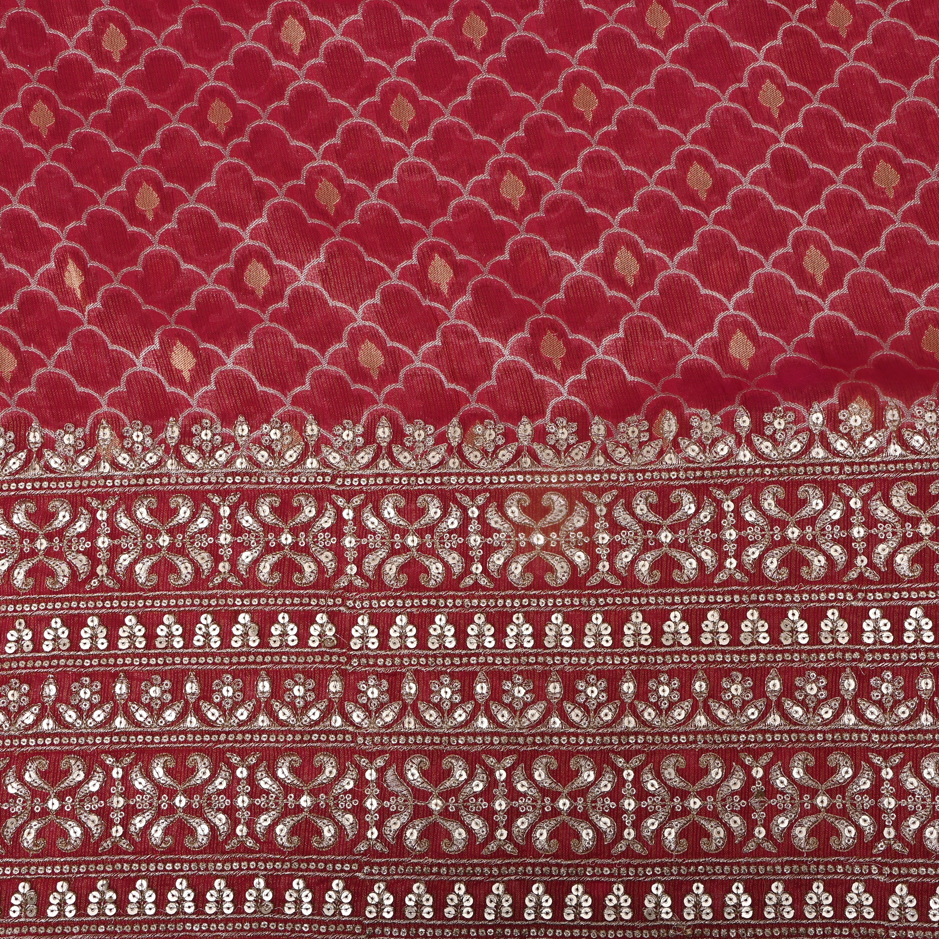 Red Scallop Zari Sequin Border Tissue Fabric