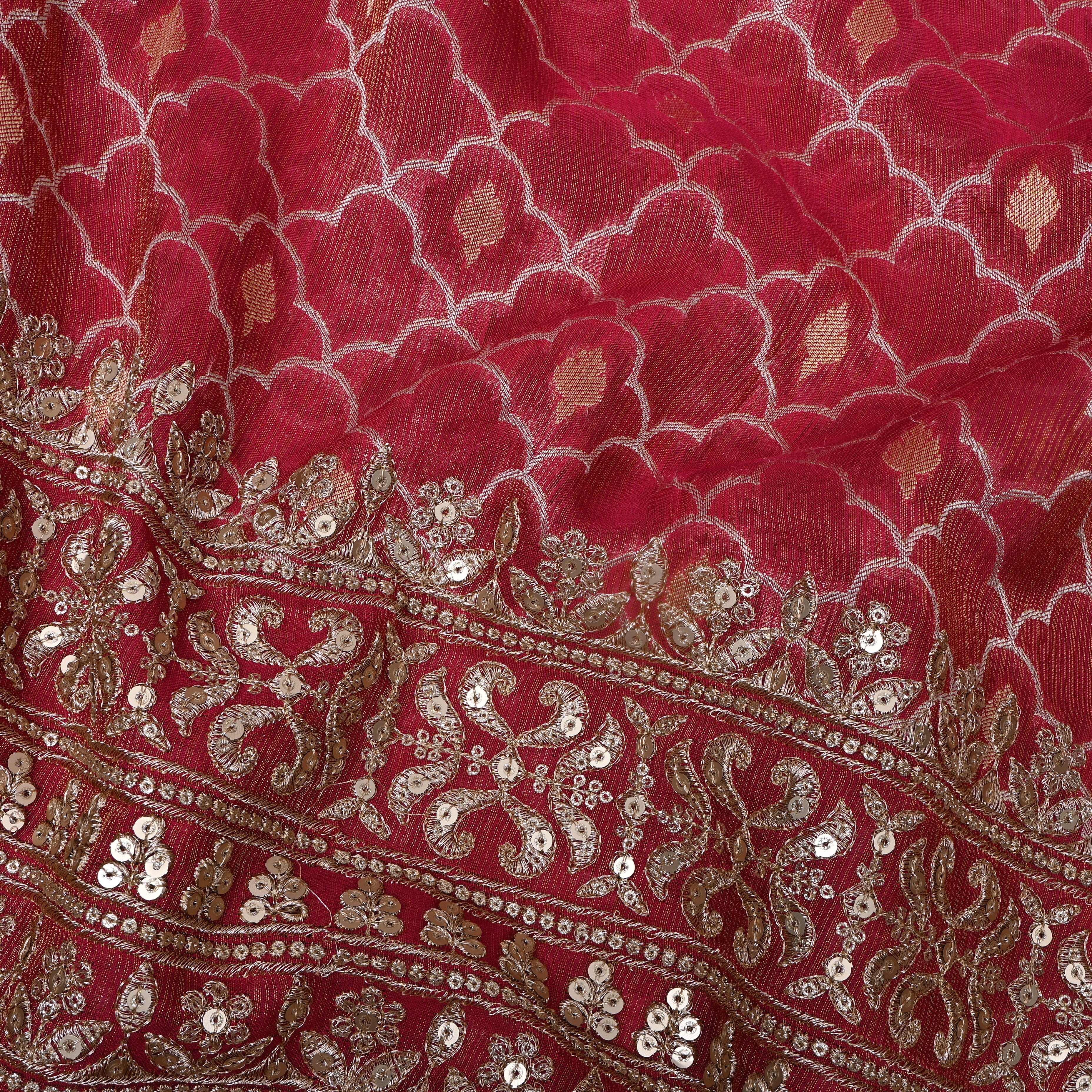Red Scallop Zari Sequin Border Tissue Fabric
