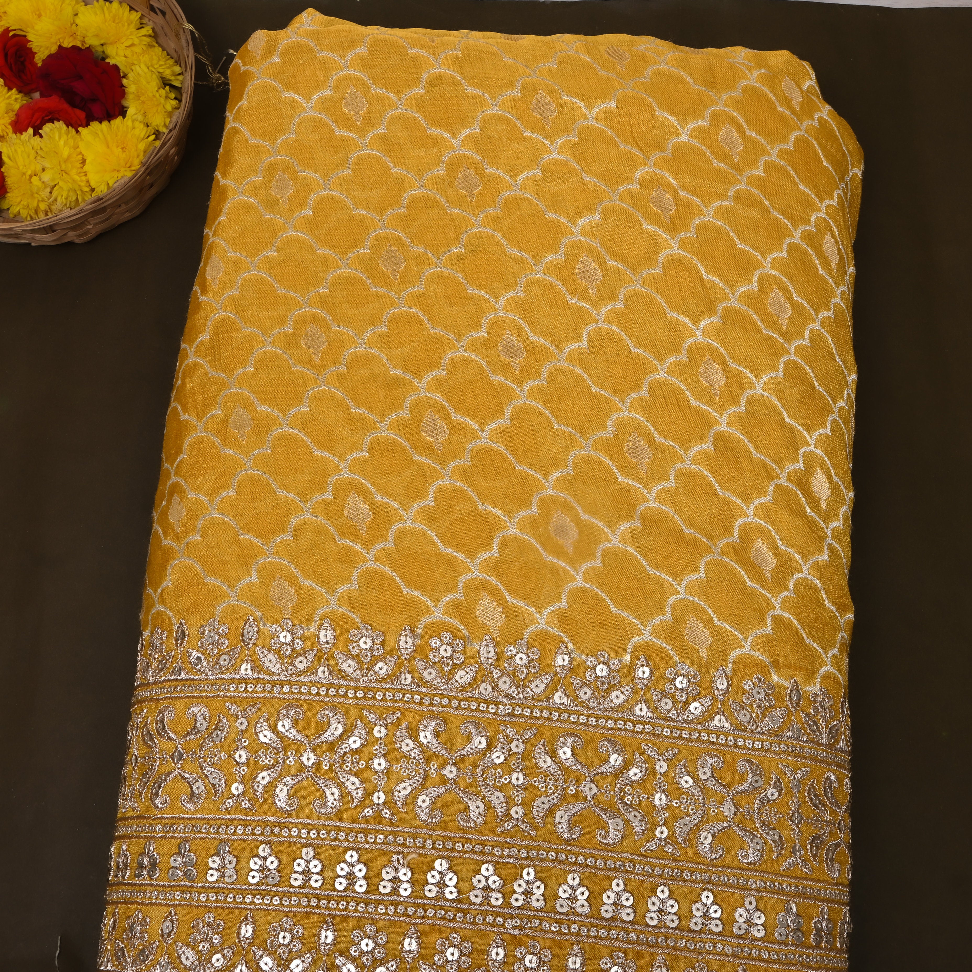 Amber Yellow Scallop Zari Sequin Border Tissue Fabric