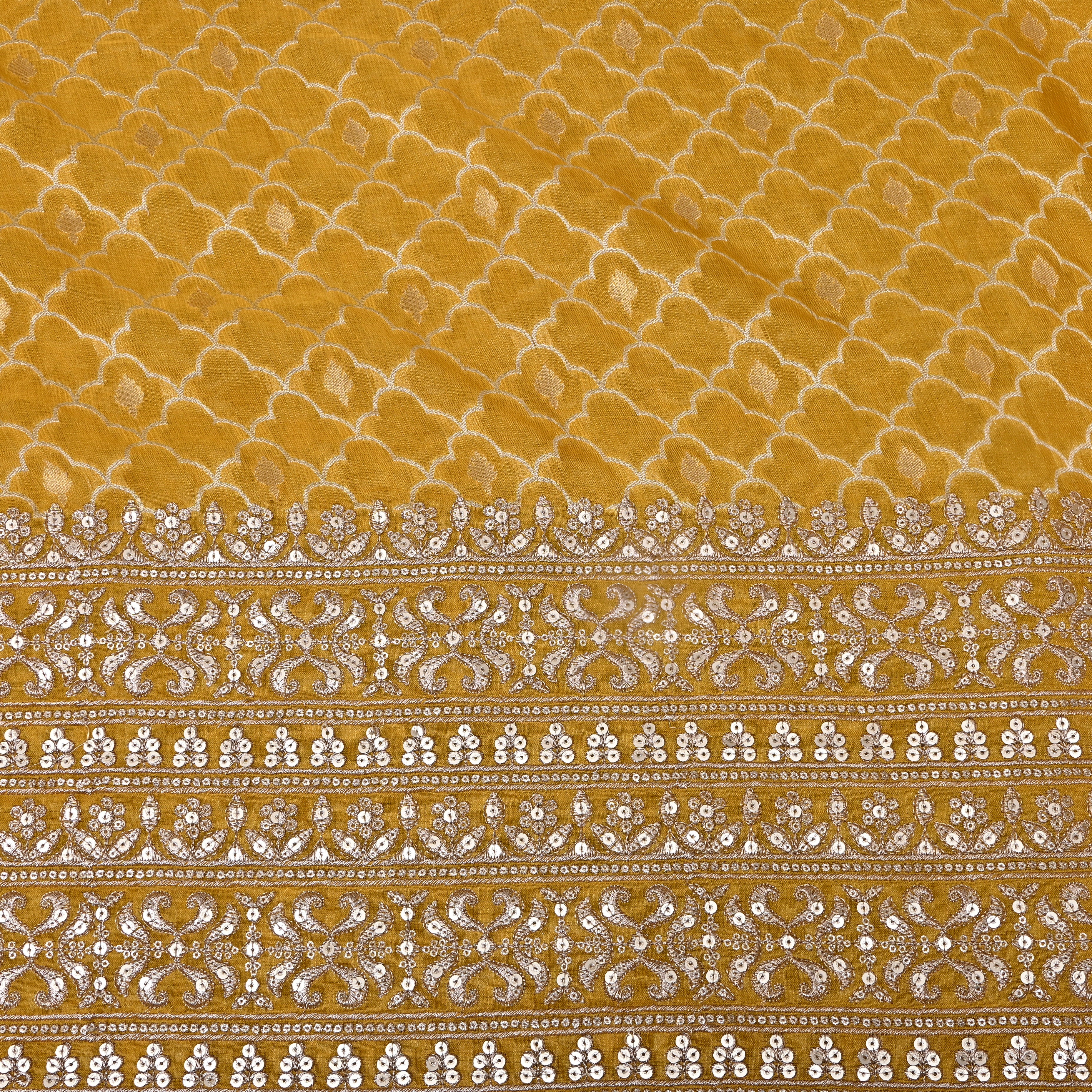 Amber Yellow Scallop Zari Sequin Border Tissue Fabric