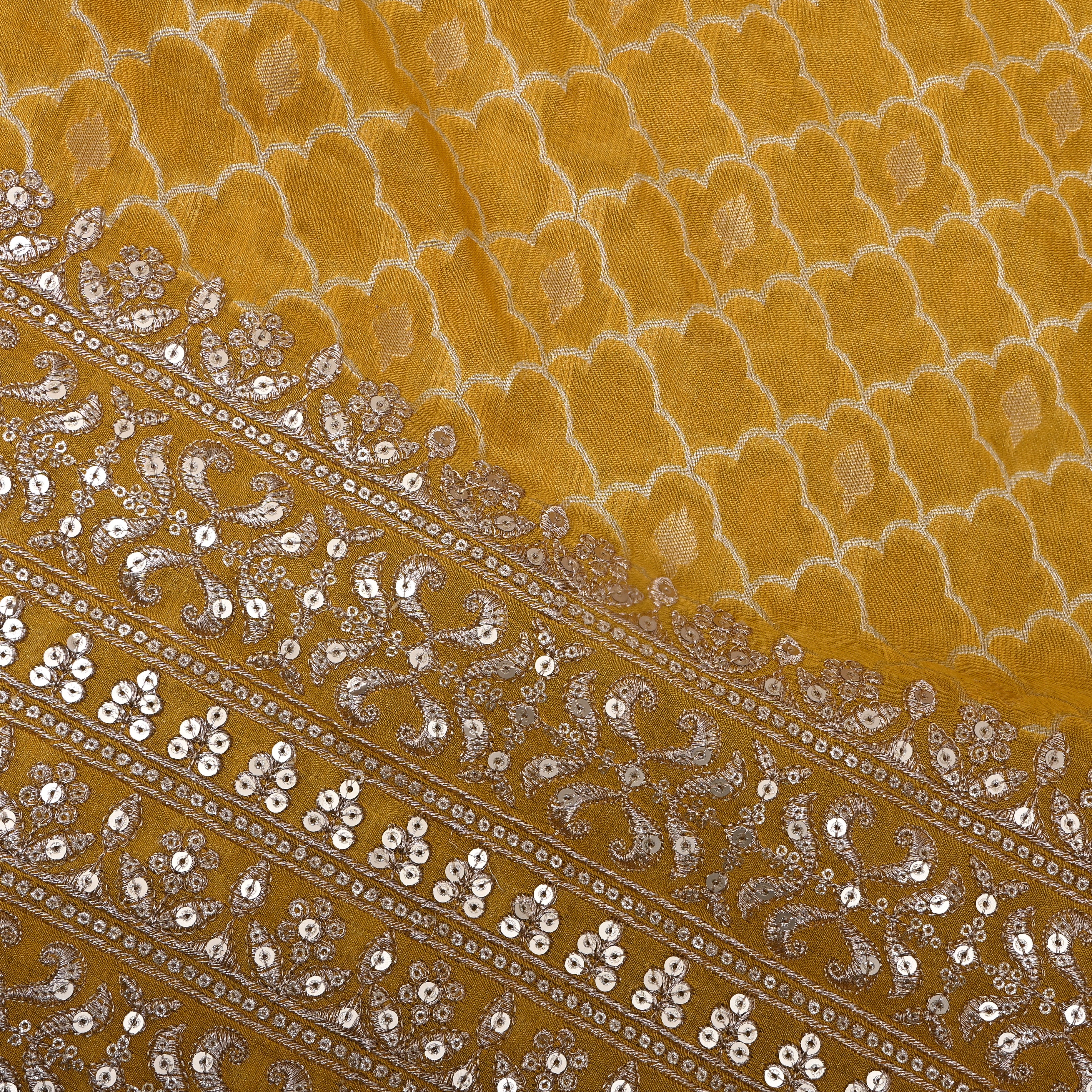 Amber Yellow Scallop Zari Sequin Border Tissue Fabric