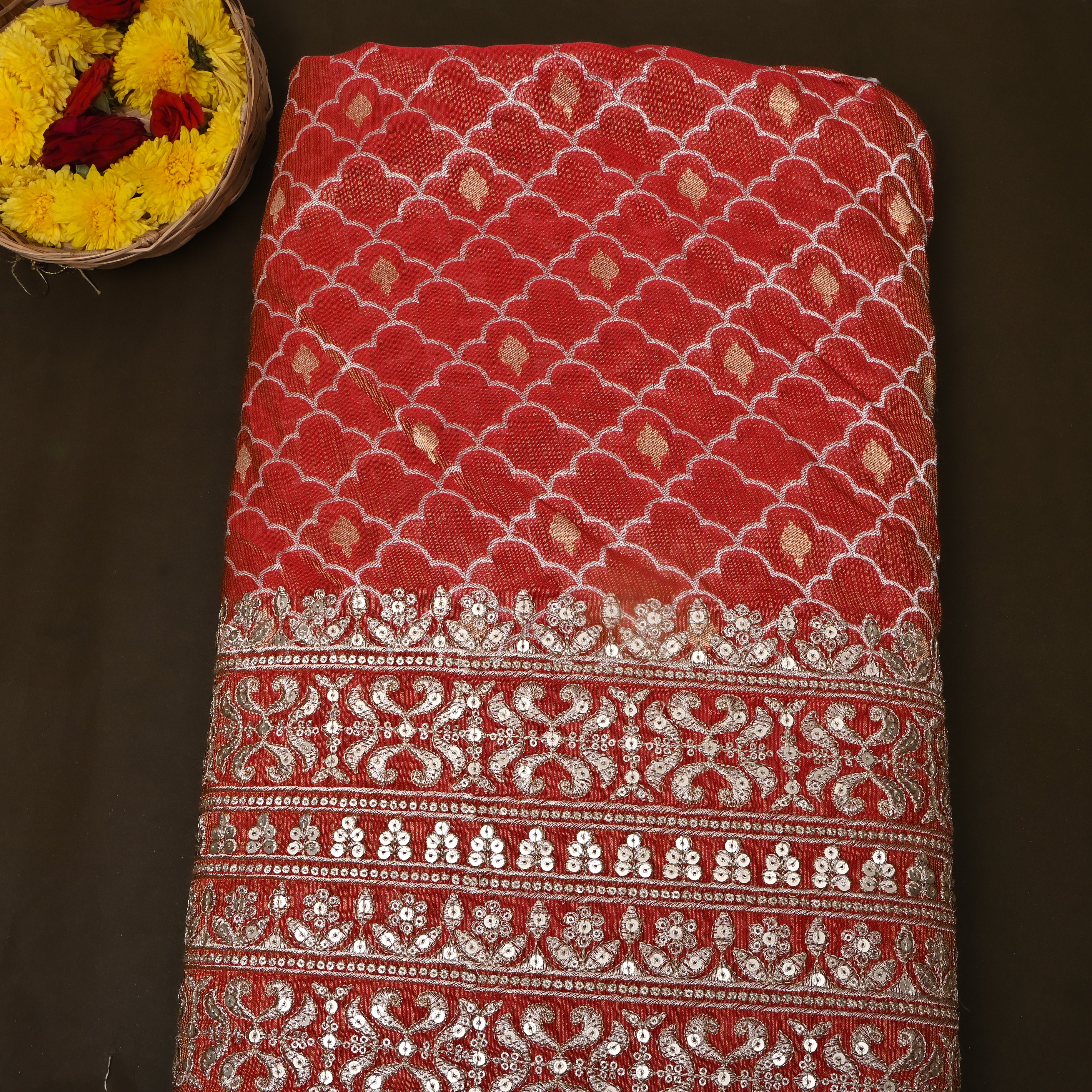 Red Scallop Zari Sequin Border Tissue Fabric