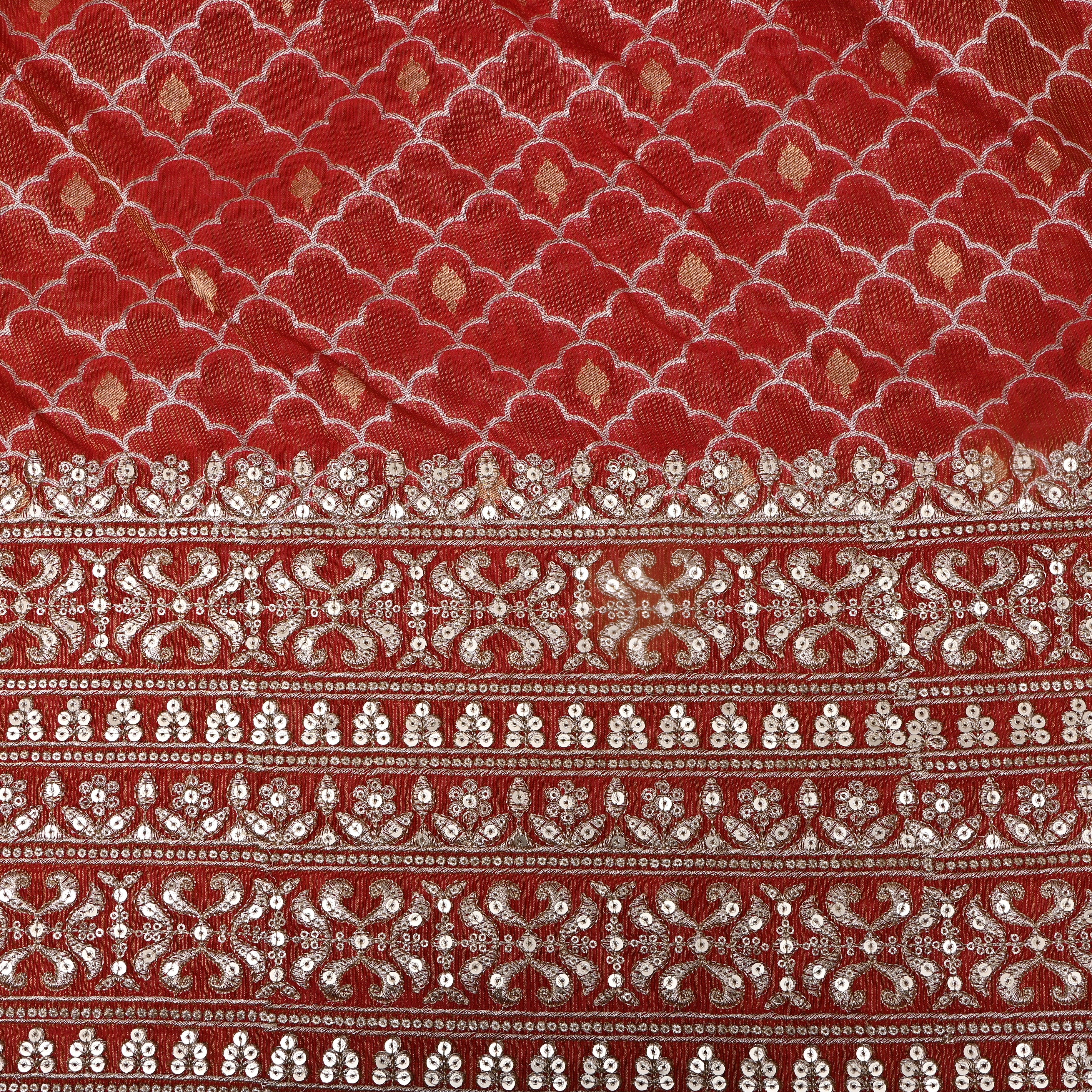 Red Scallop Zari Sequin Border Tissue Fabric