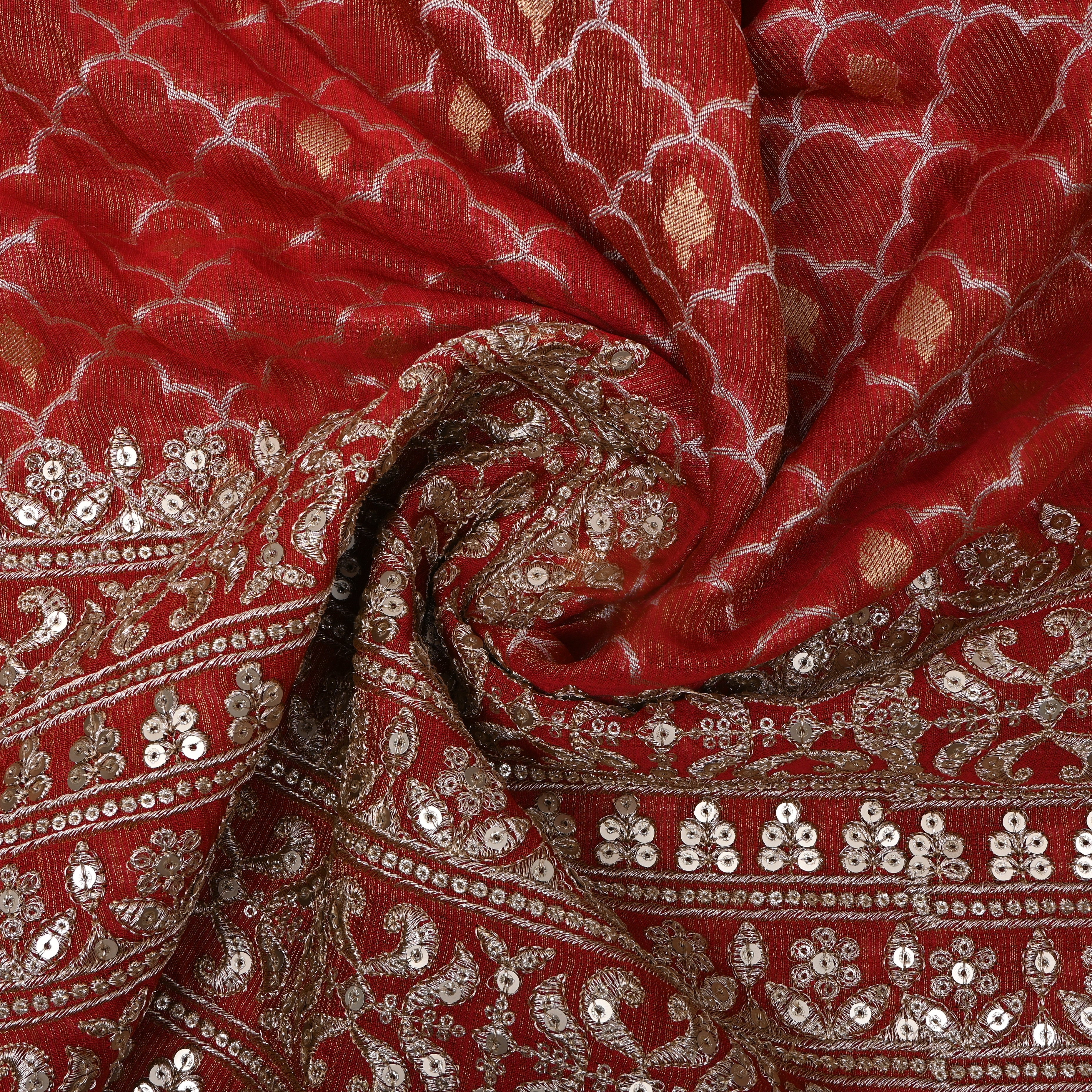 Red Scallop Zari Sequin Border Tissue Fabric