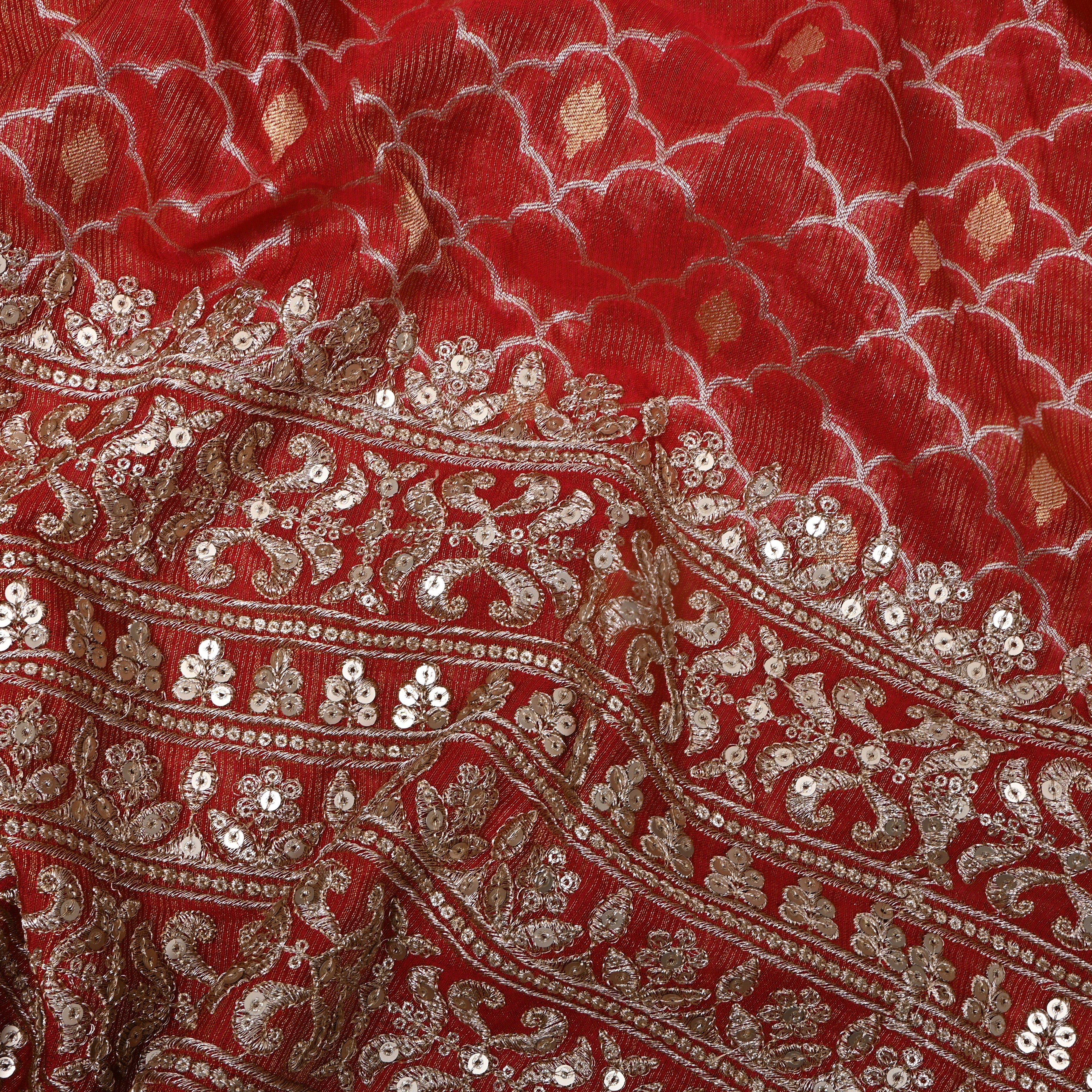 Red Scallop Zari Sequin Border Tissue Fabric