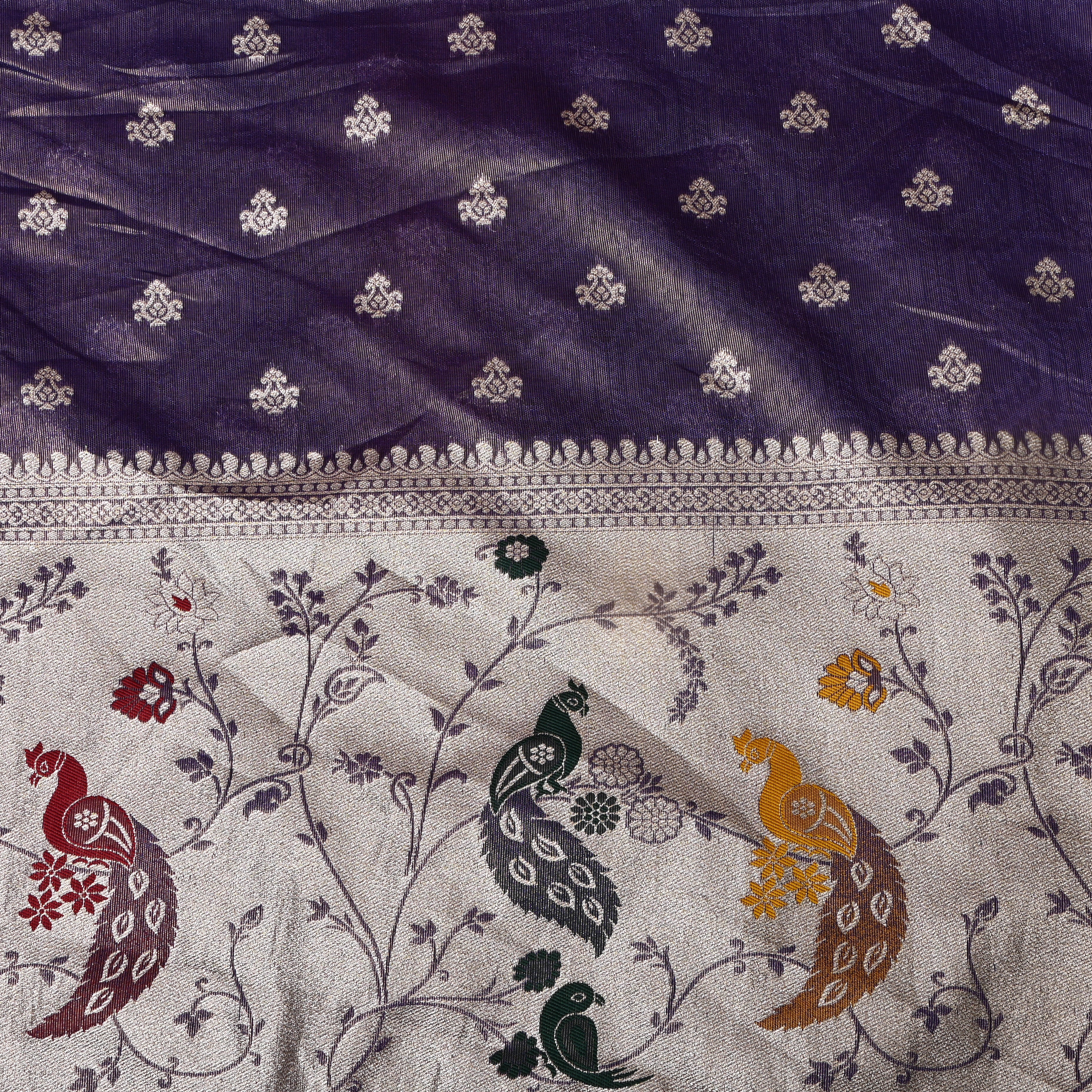 Deep Purple Jamawar Silk With Peacock & Floral Border