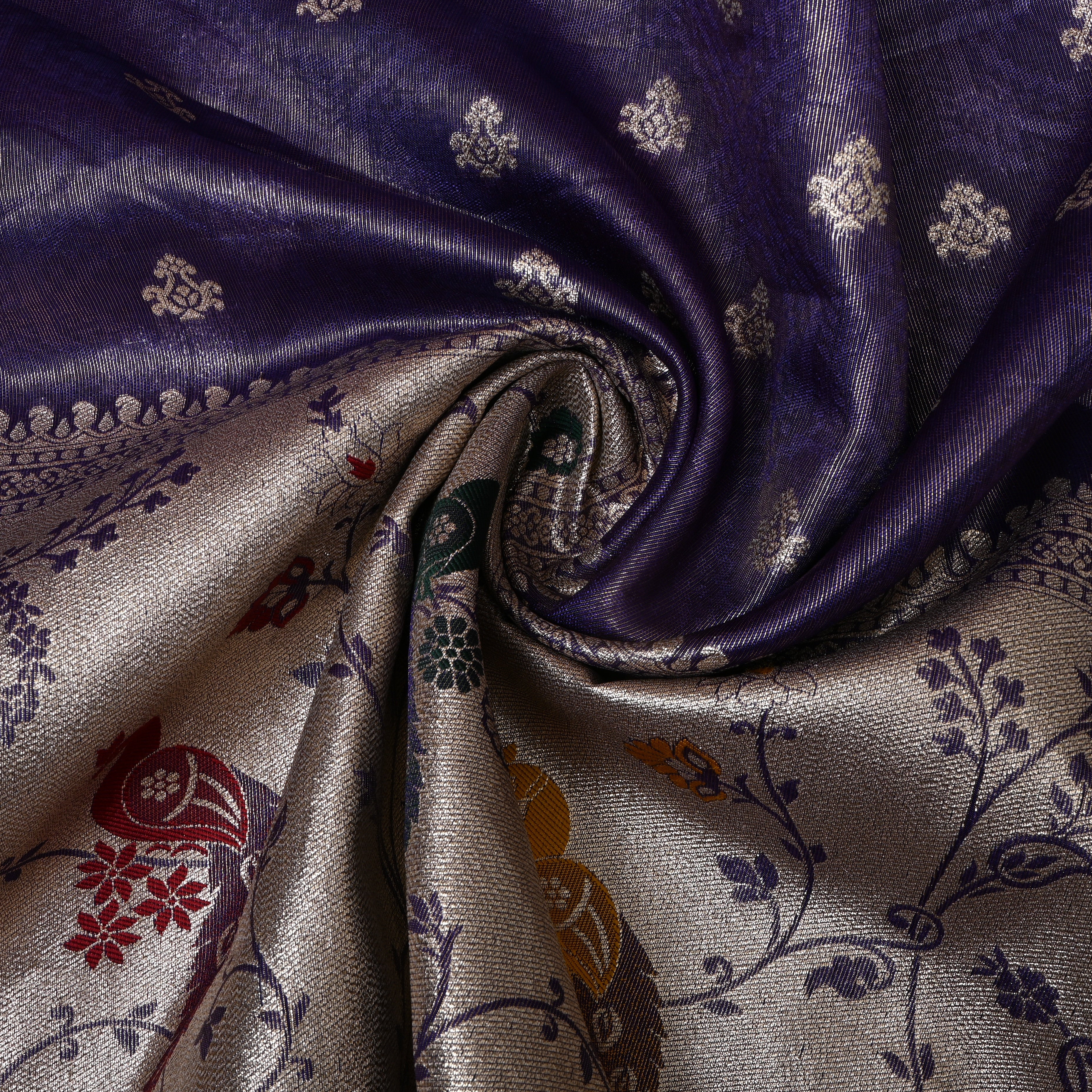 Deep Purple Jamawar Silk With Peacock & Floral Border