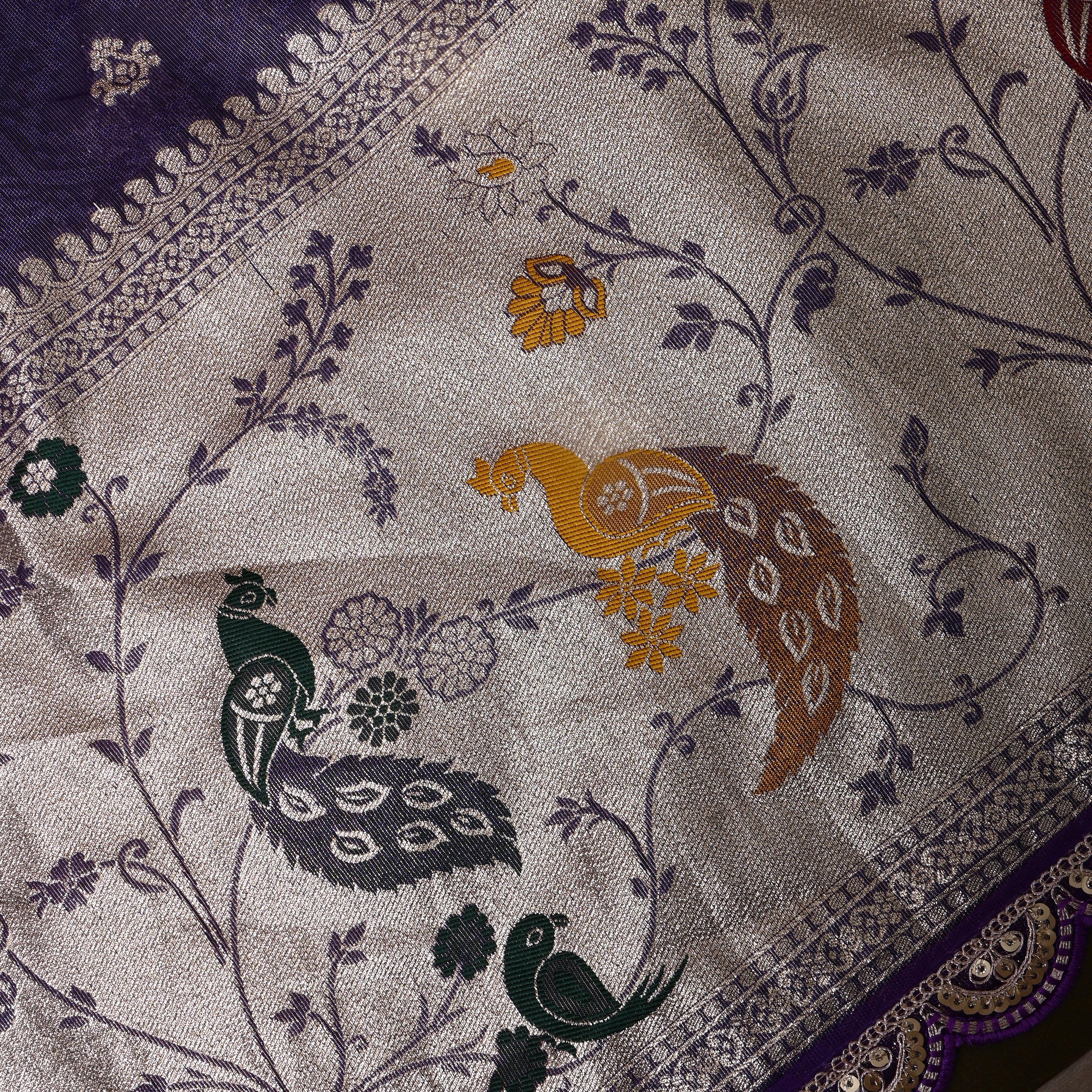Deep Purple Jamawar Silk With Peacock & Floral Border