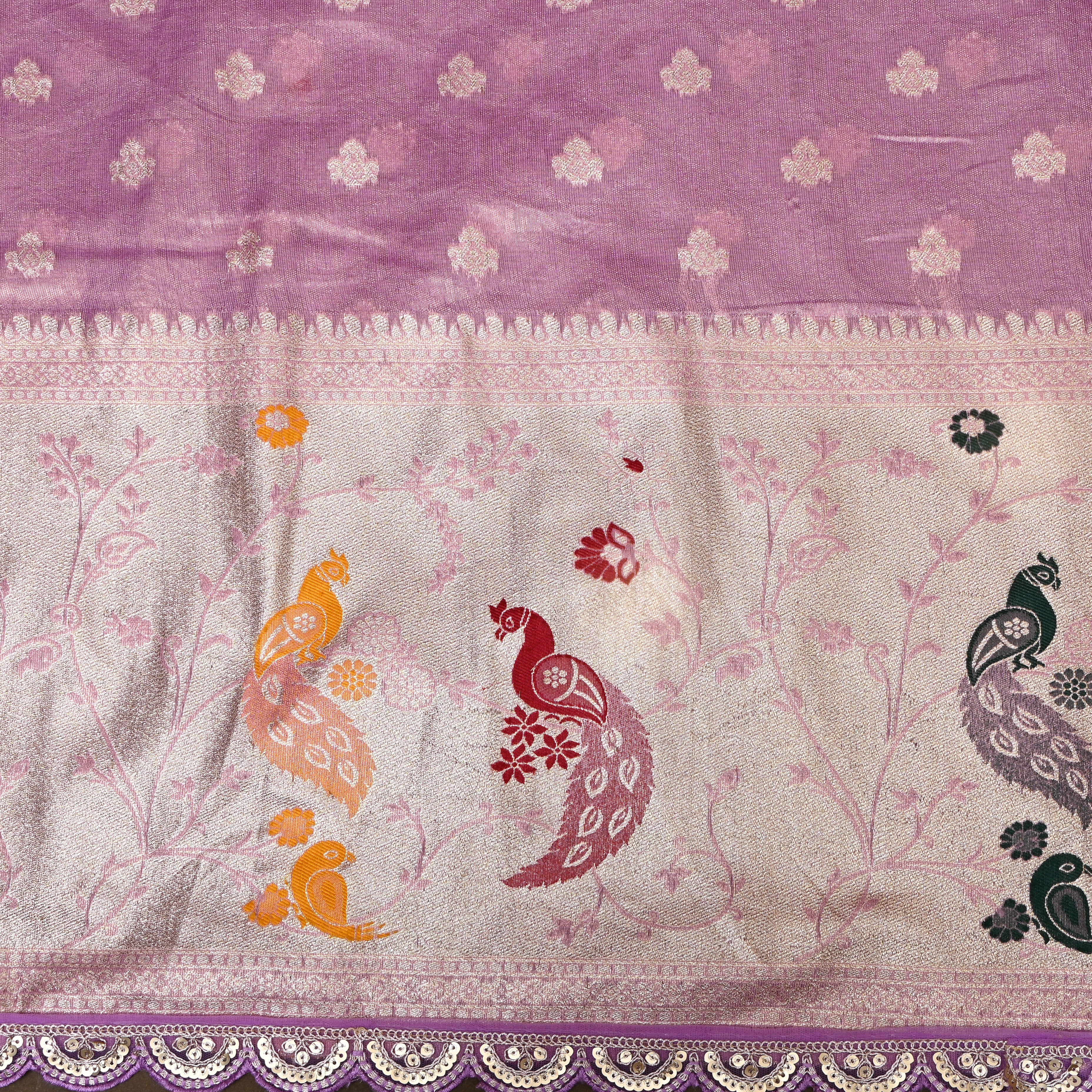 Lilac Tissue Jamawar With Peacock & Floral Border