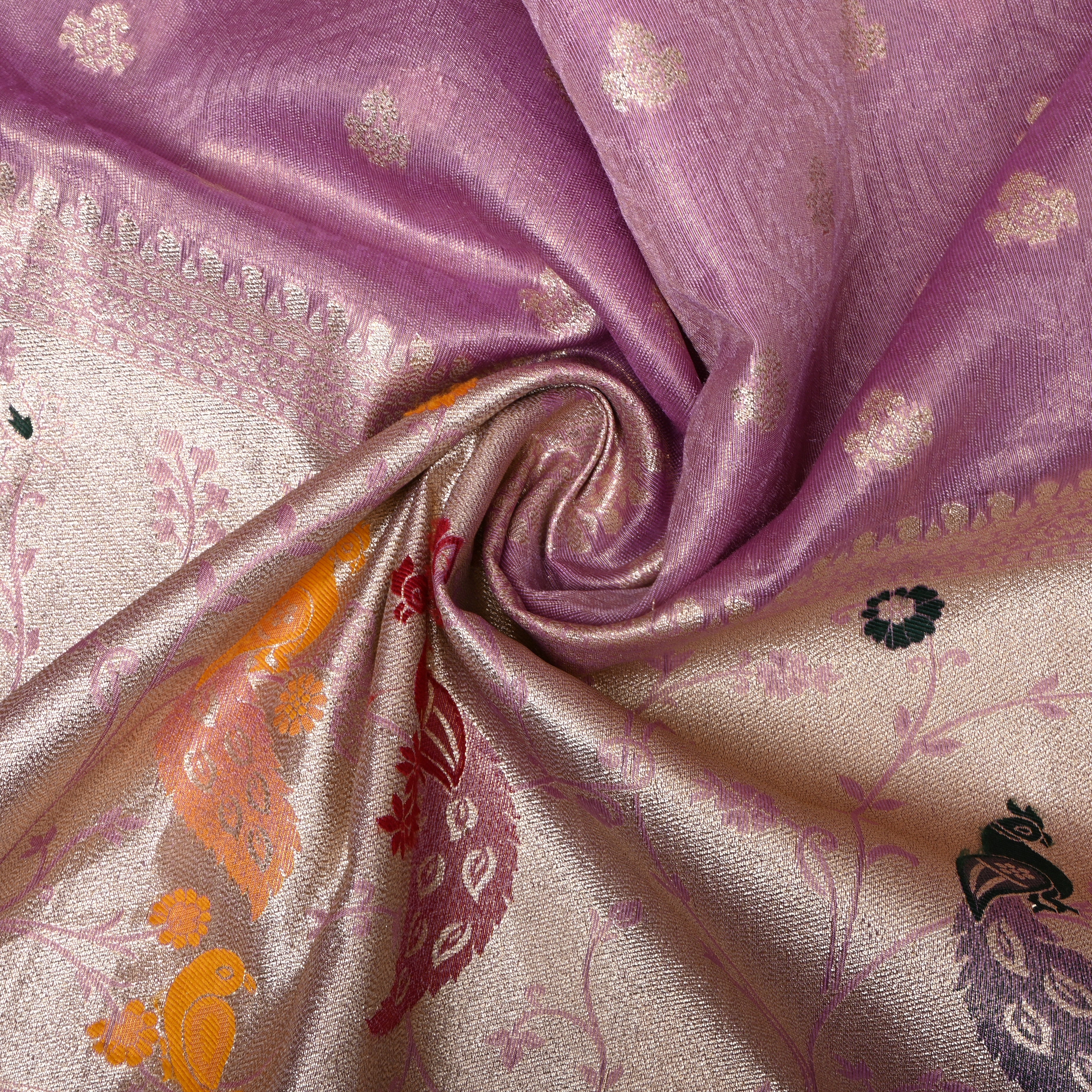 Lilac Tissue Jamawar With Peacock & Floral Border