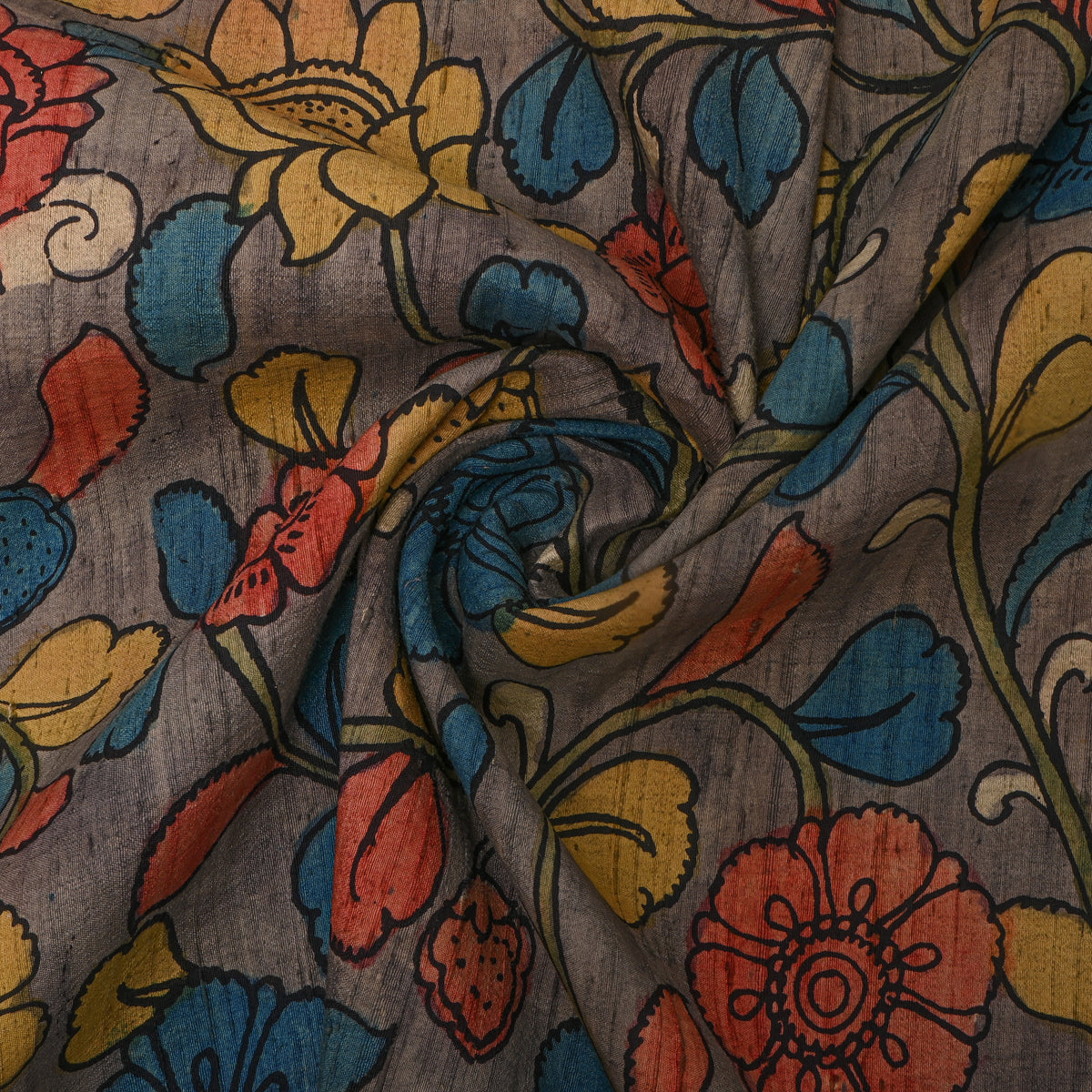 Smoke Gray Floral Vine Kalamkari Handloom Silk Fabric