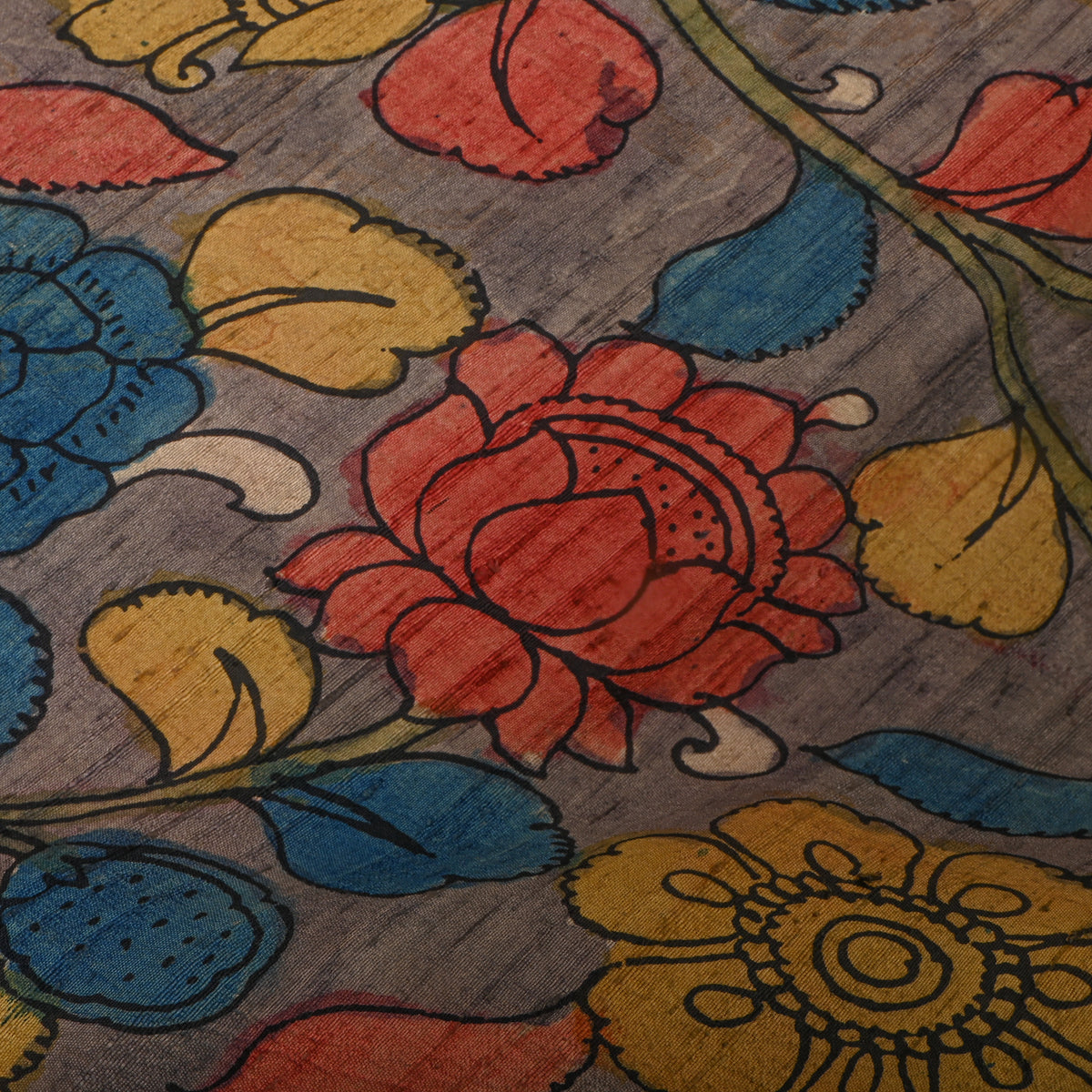 Smoke Gray Floral Vine Kalamkari Handloom Silk Fabric