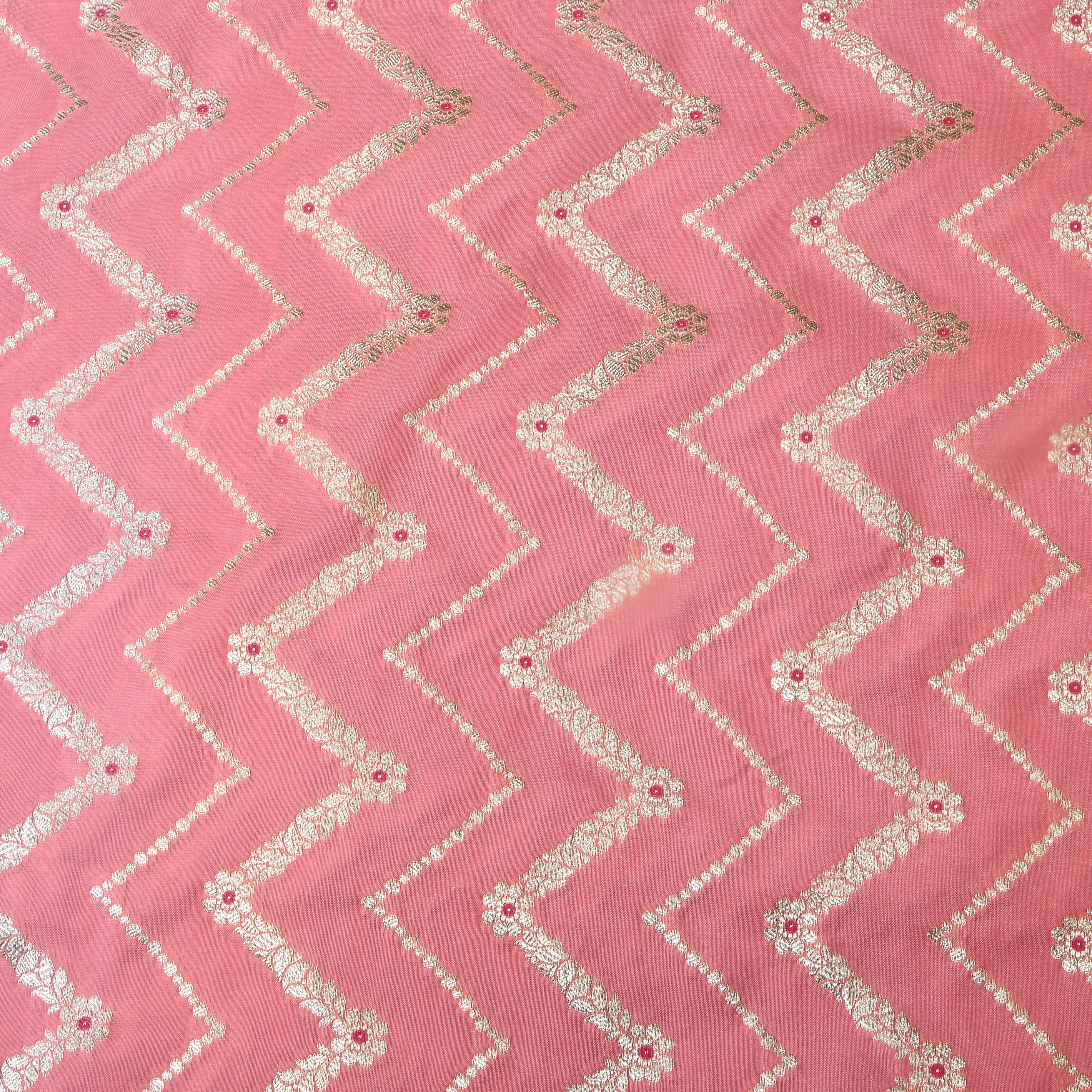 Soft Baby Pink Floral Jamawar Silk Fabric
