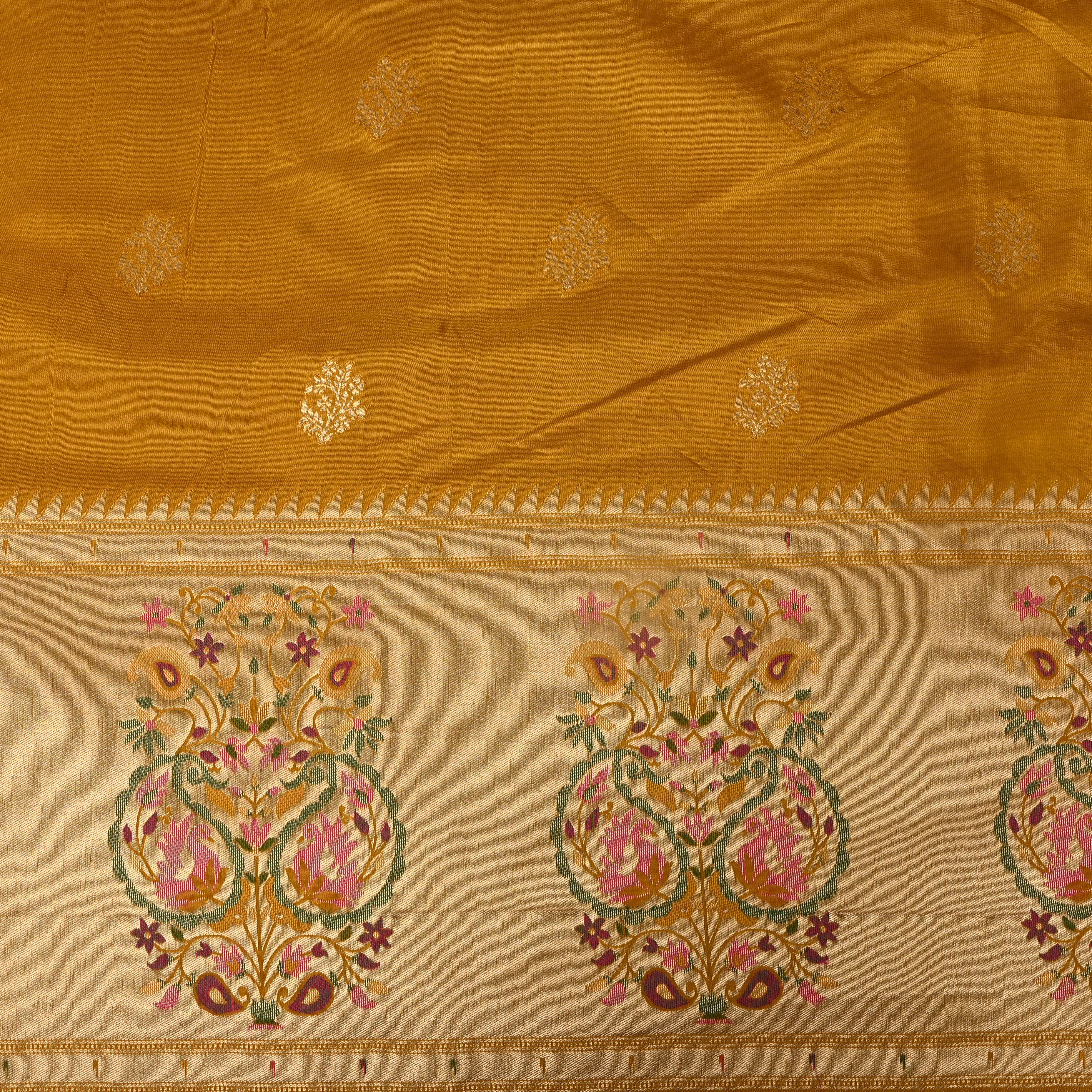 Mustard Gold Silver Buti Paisley Border Fabric