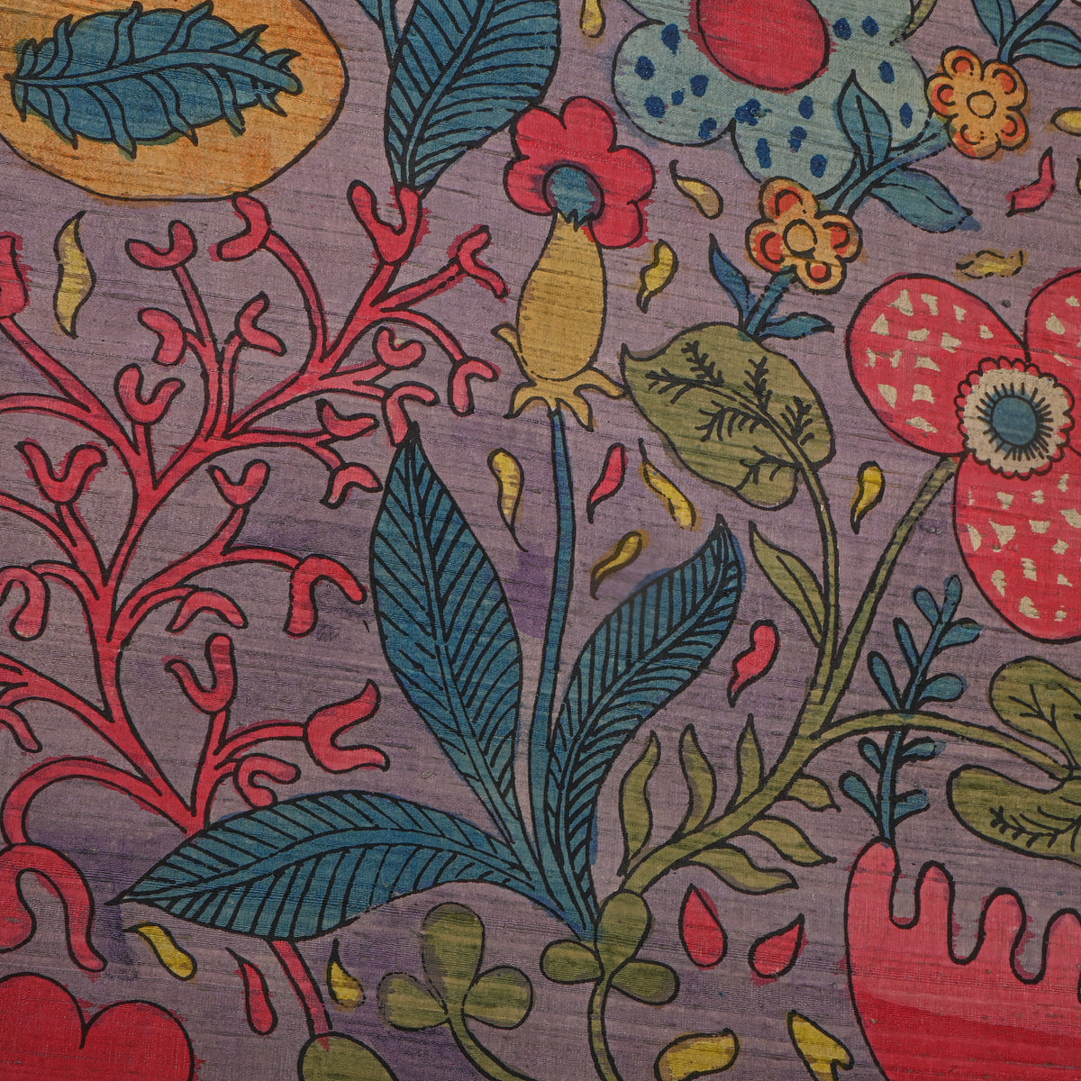 Lavender Mauve Wild Garden Kalamkari Handloom Silk Fabric