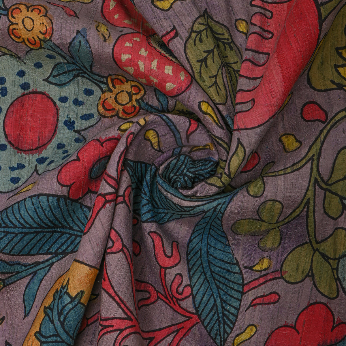 Lavender Mauve Wild Garden Kalamkari Handloom Silk Fabric