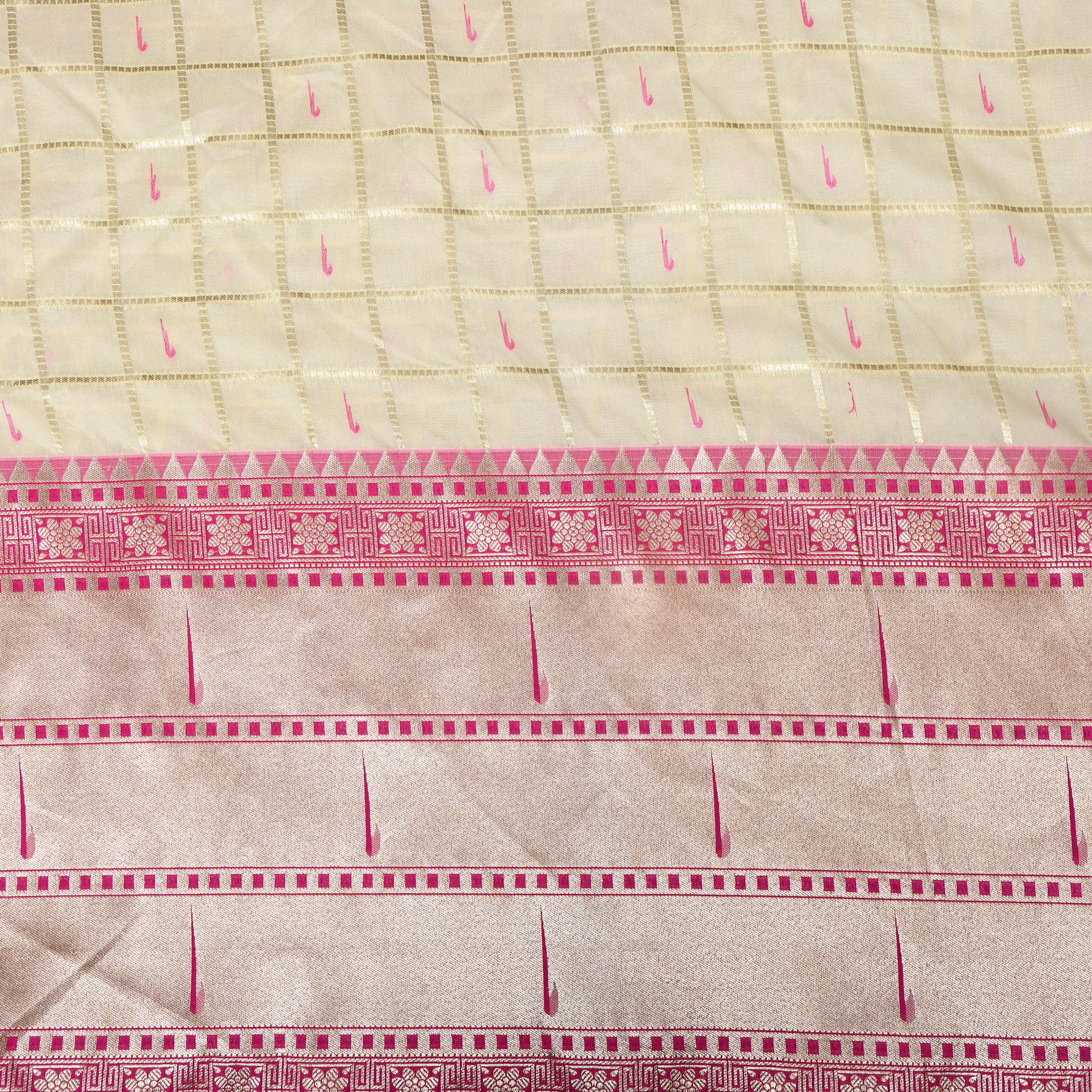 Ivory Pink Triple Munya Temple Border Jamawar Fabric