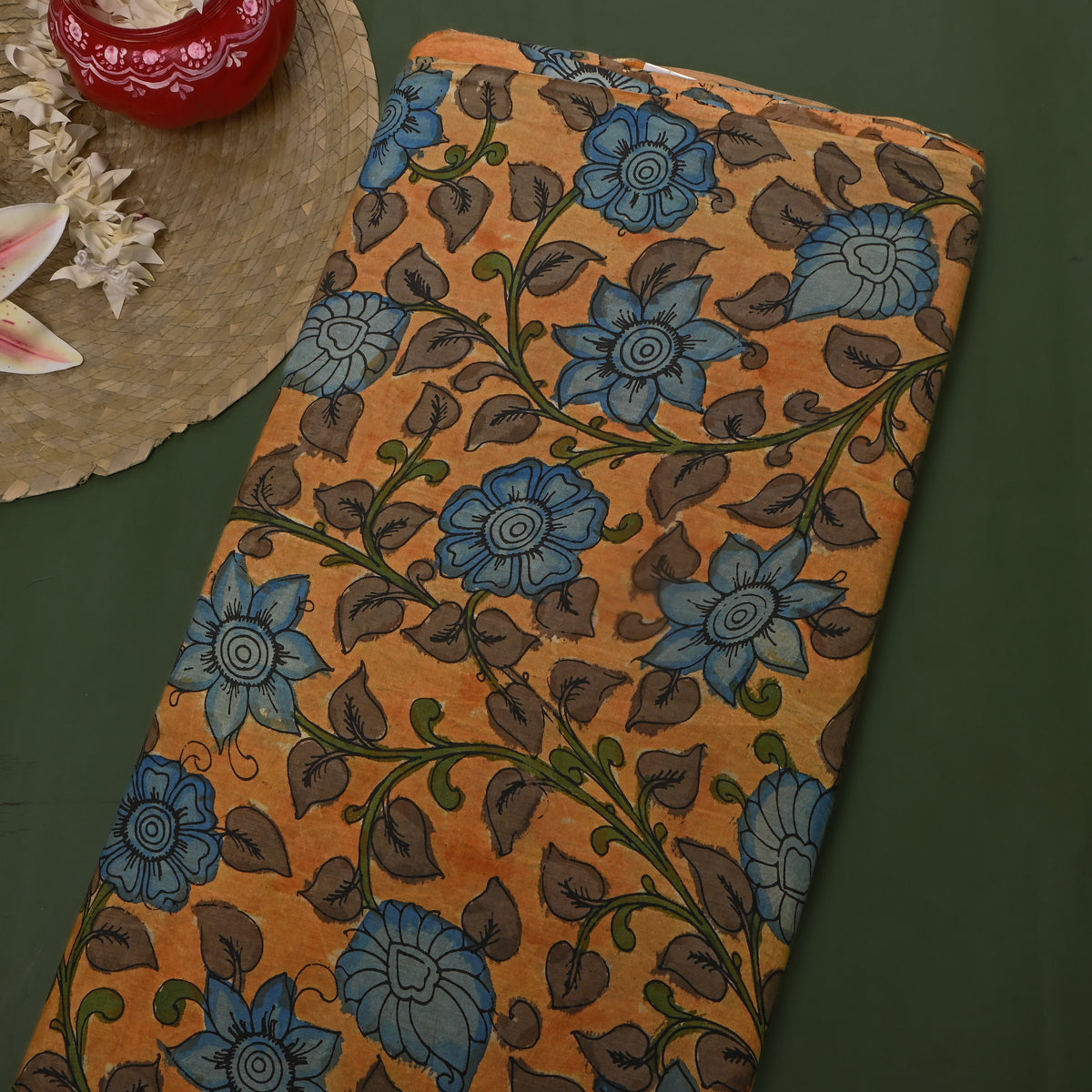 Ochre Yellow Kalamkari Blue Flower Hand-Painted Cotton Fabric
