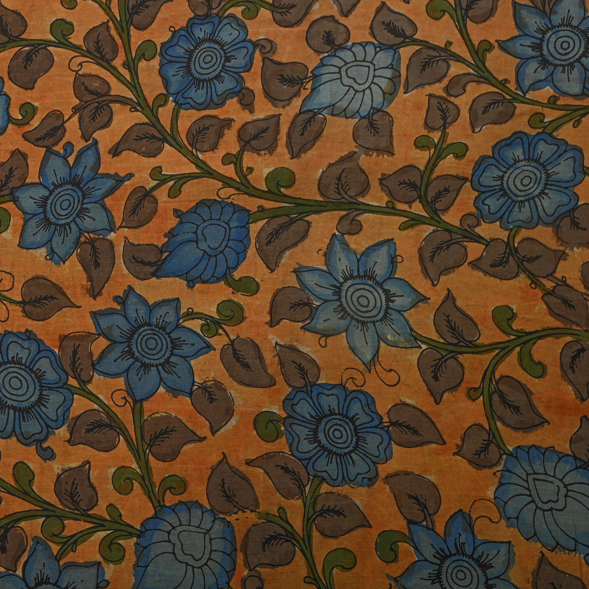 Ochre Yellow Kalamkari Blue Flower Hand-Painted Cotton Fabric