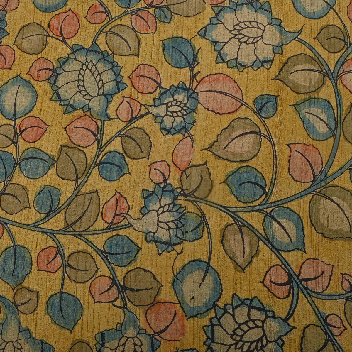 Mustard Yellow Vine Kalamkari Handloom Silk Fabric
