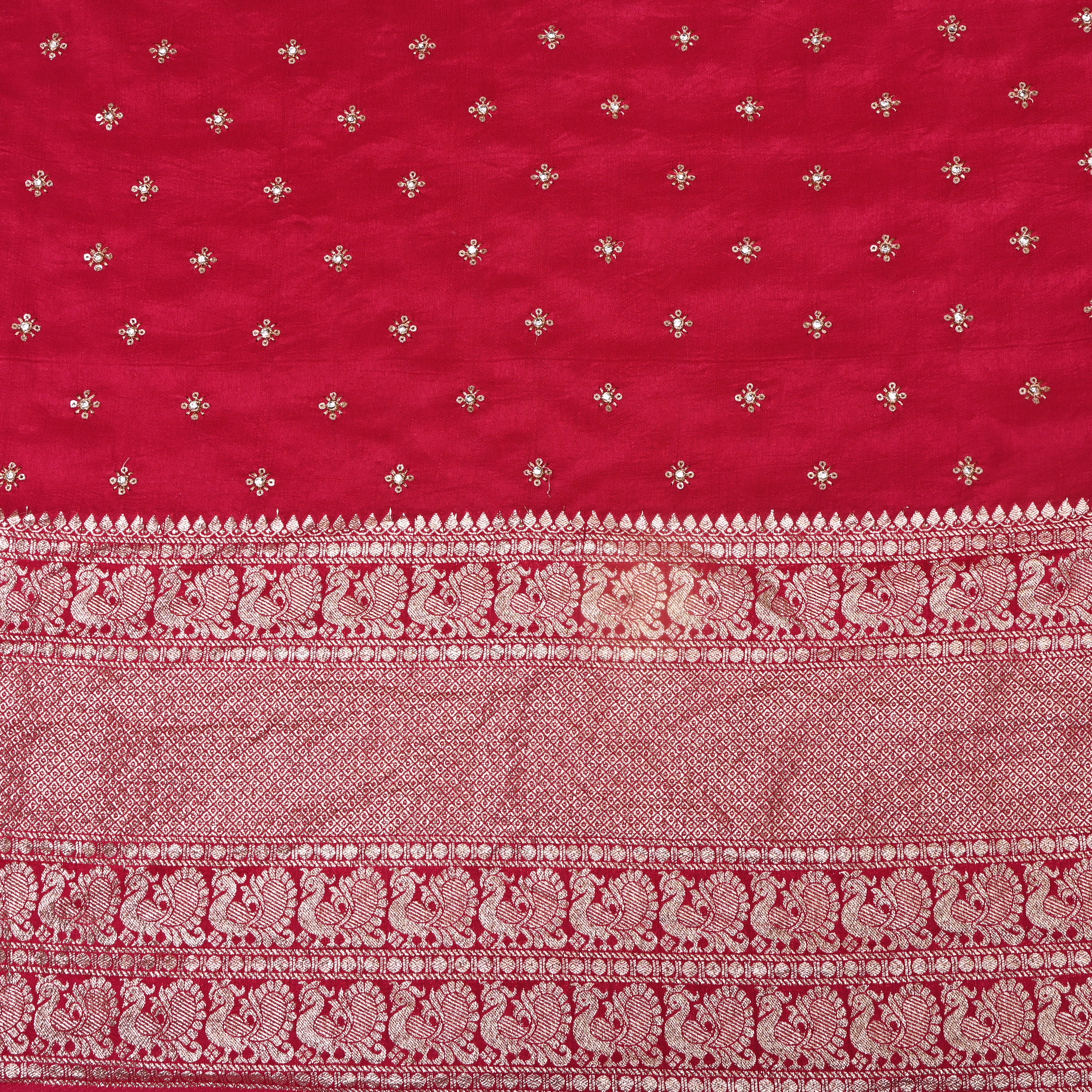 Rich Crimson Red Zari Buti Sequin Embroidery Silk Fabric