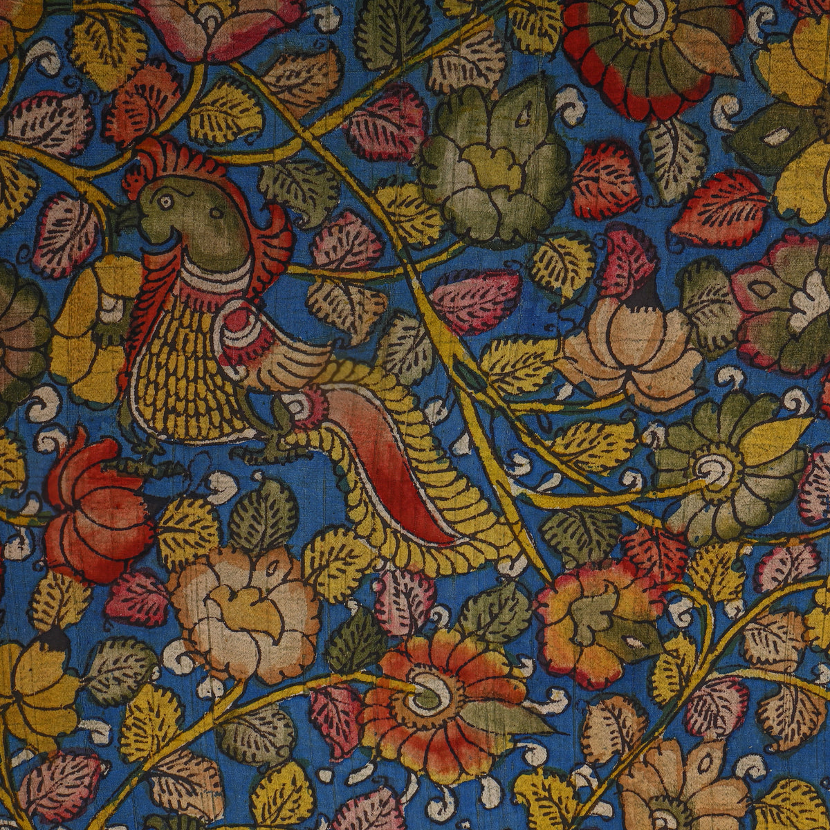 Lapis Blue Parrot Floral Kalamkari Handloom Cotton Fabric