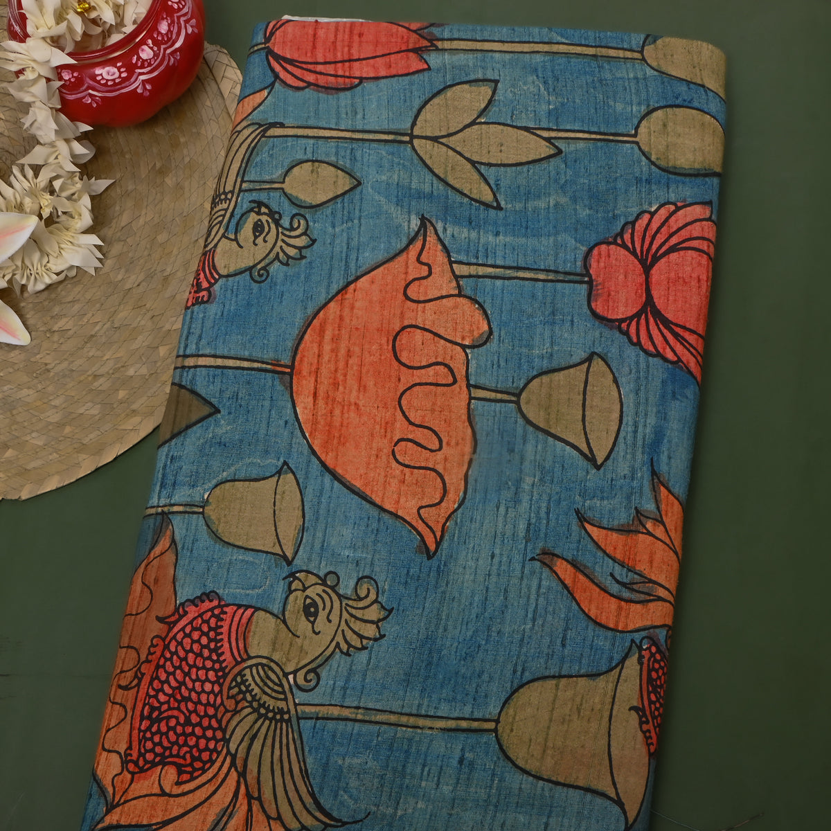 Sapphire Blue Parrot Lotus Kalamkari Handloom Silk Fabric