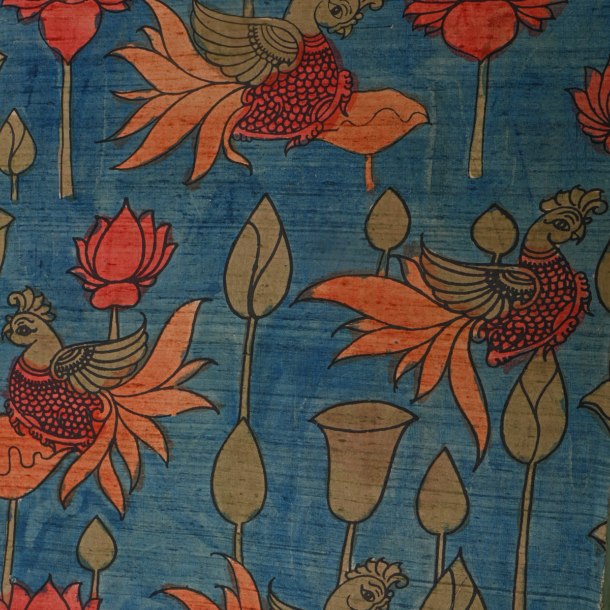 Sapphire Blue Parrot Lotus Kalamkari Handloom Silk Fabric