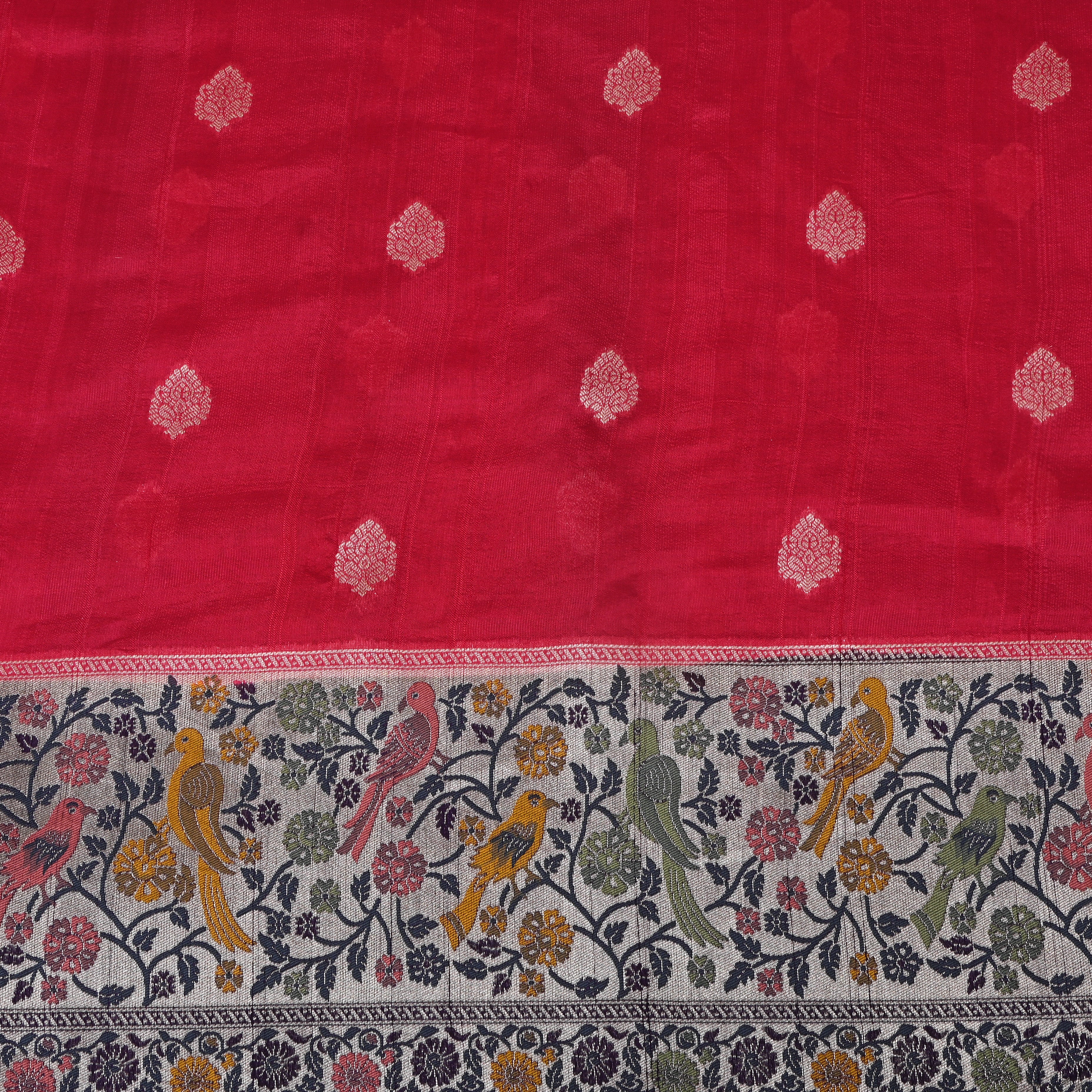 Crimson Red Paithani Bird Border Jamawar Silk
