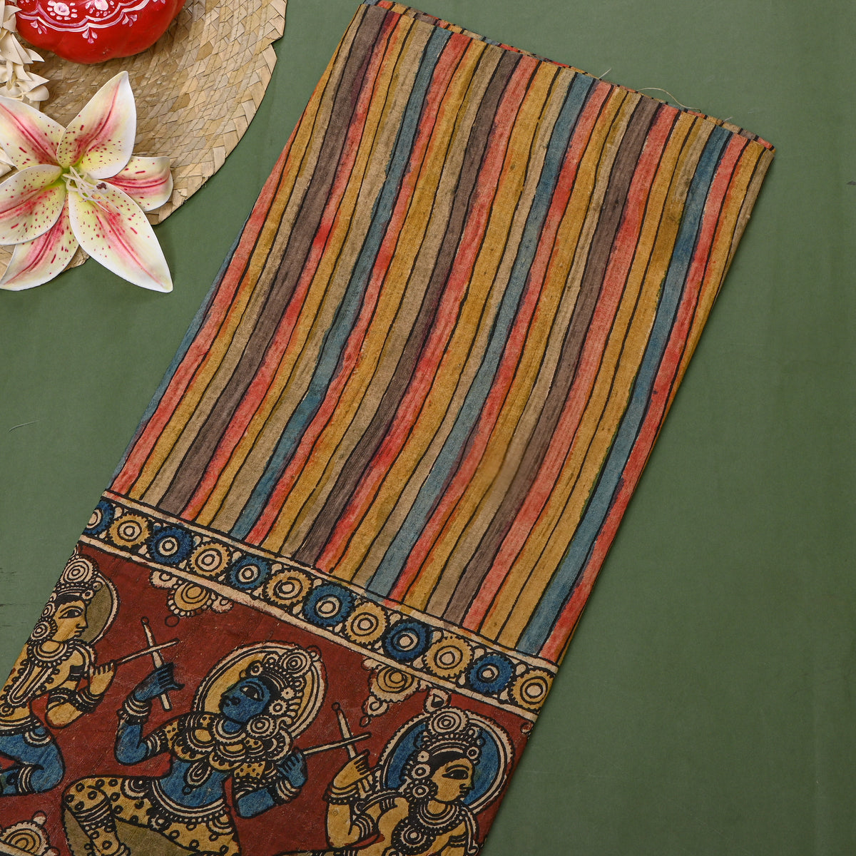 Rangoli Multi Stripe Musician Border Kalamkari Handloom Silk Fabric