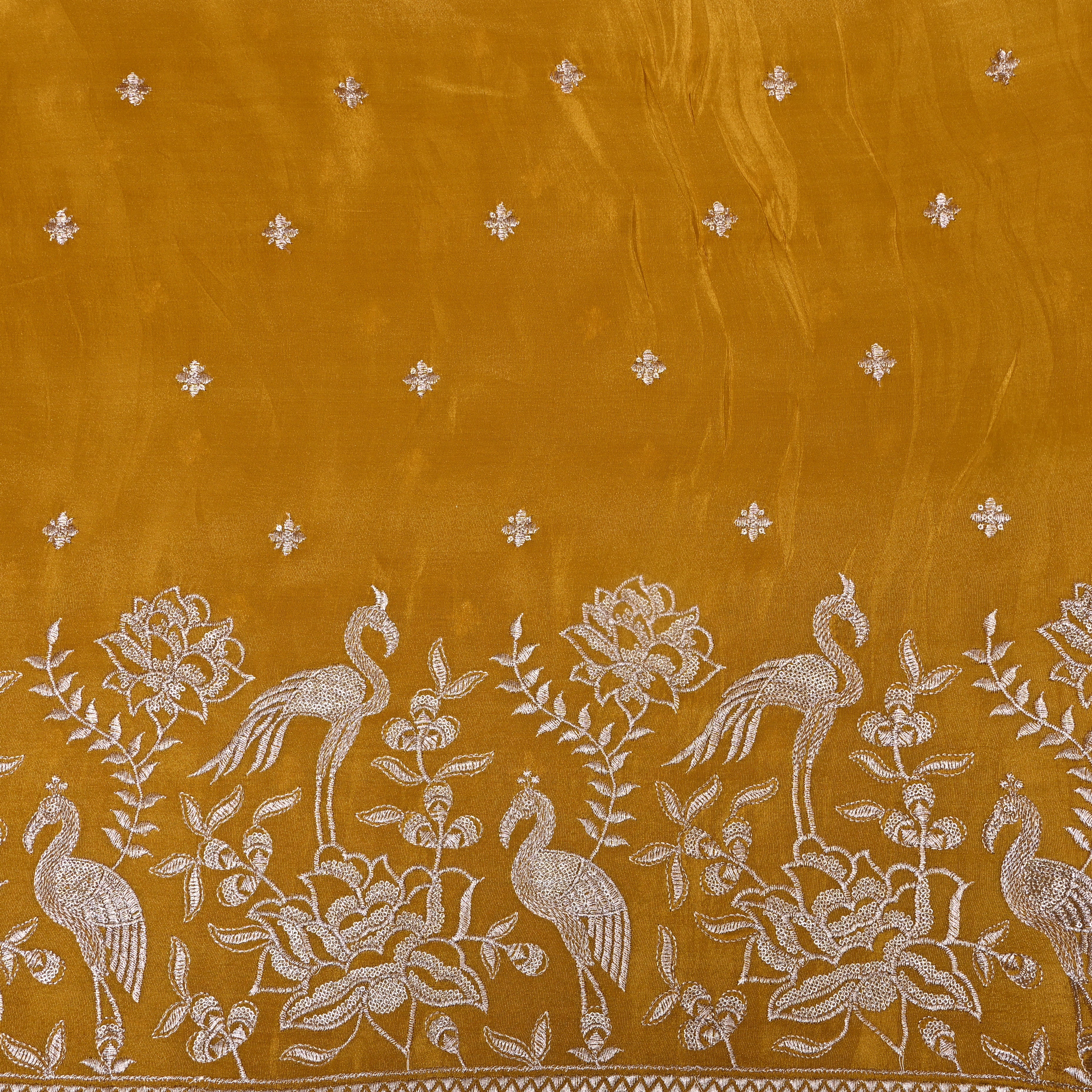 Muatard Yellow Floral And Crane Embroidery Tissue Fabric