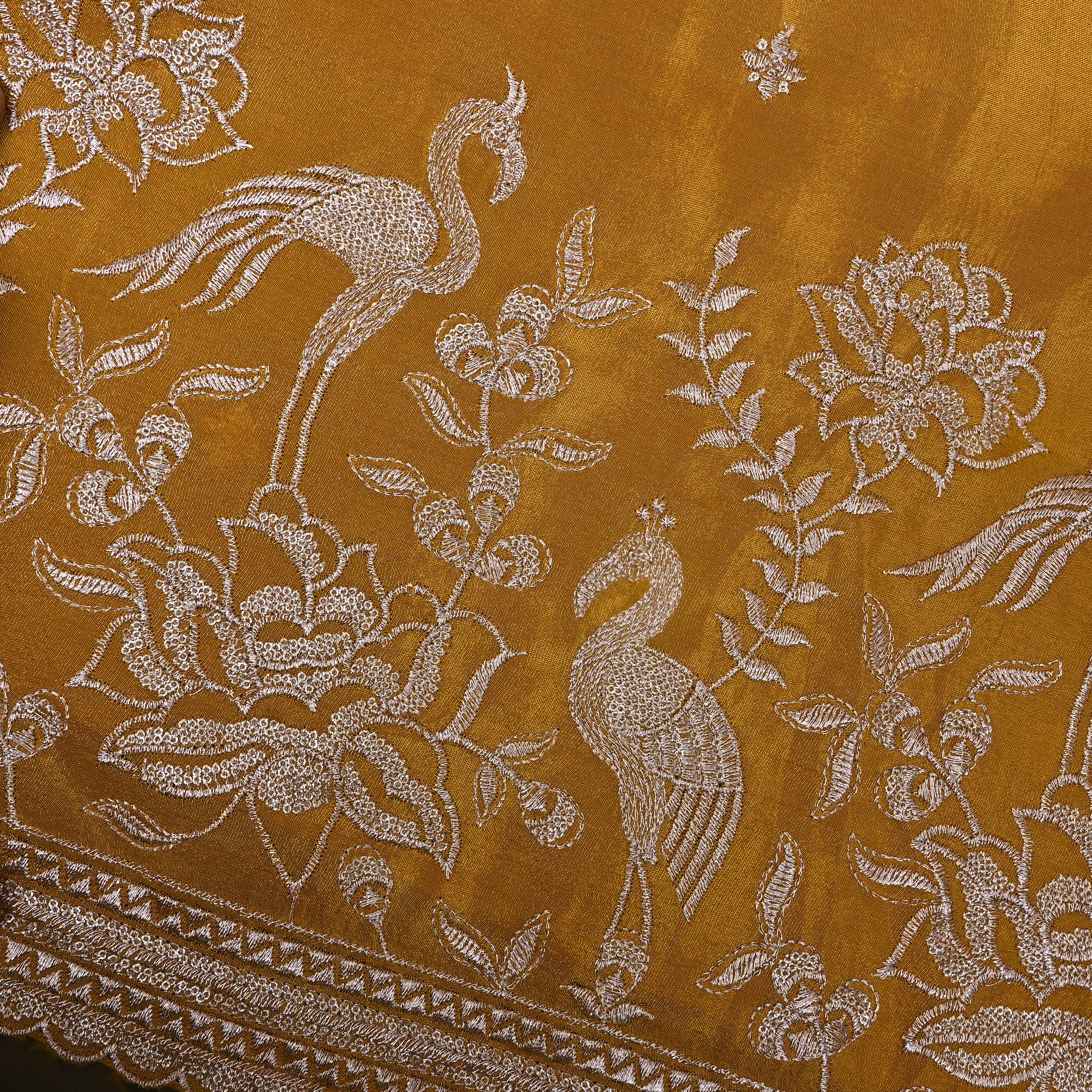Muatard Yellow Floral And Crane Embroidery Tissue Fabric
