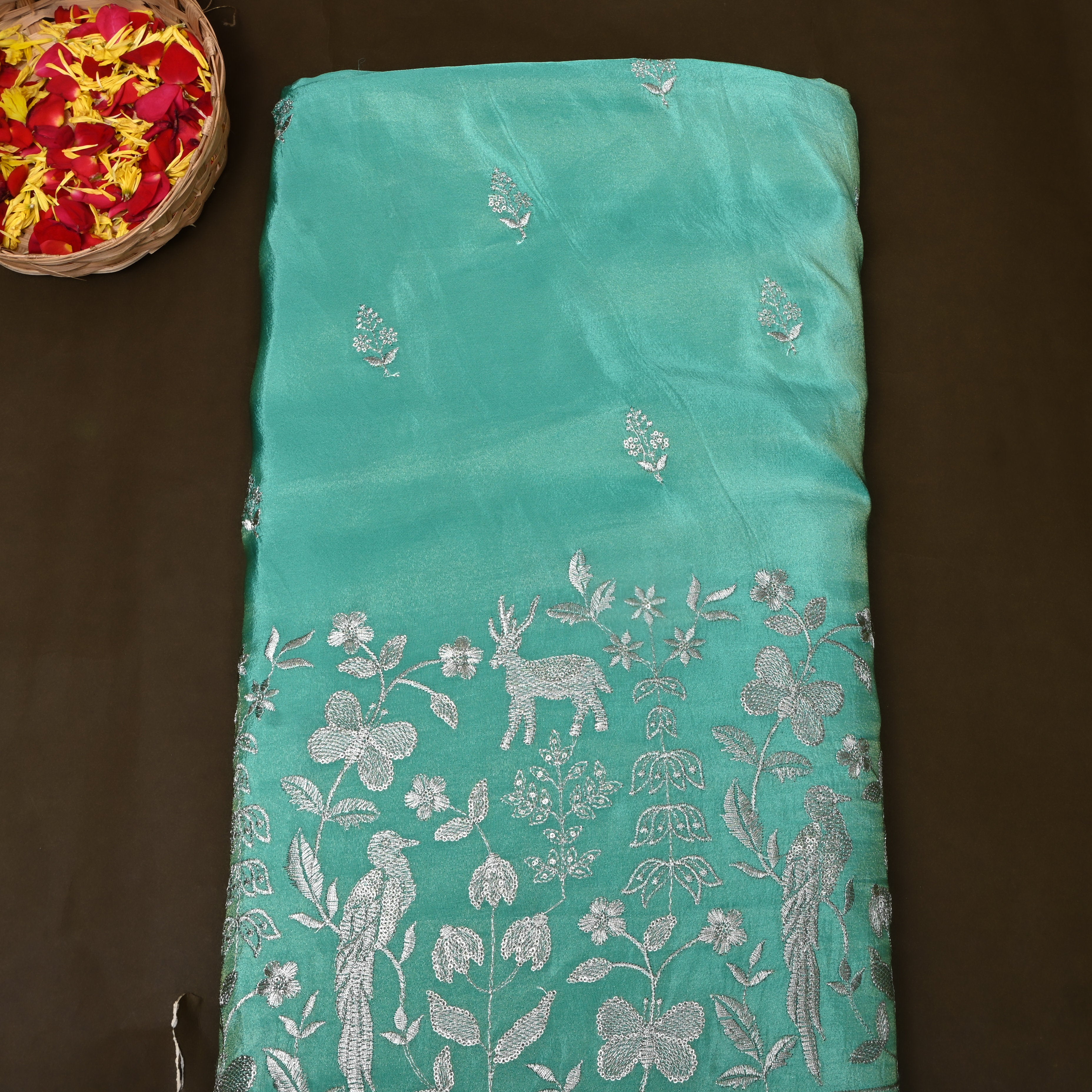 Turquoise Floral Shikargah Embroidery Tissue Fabric