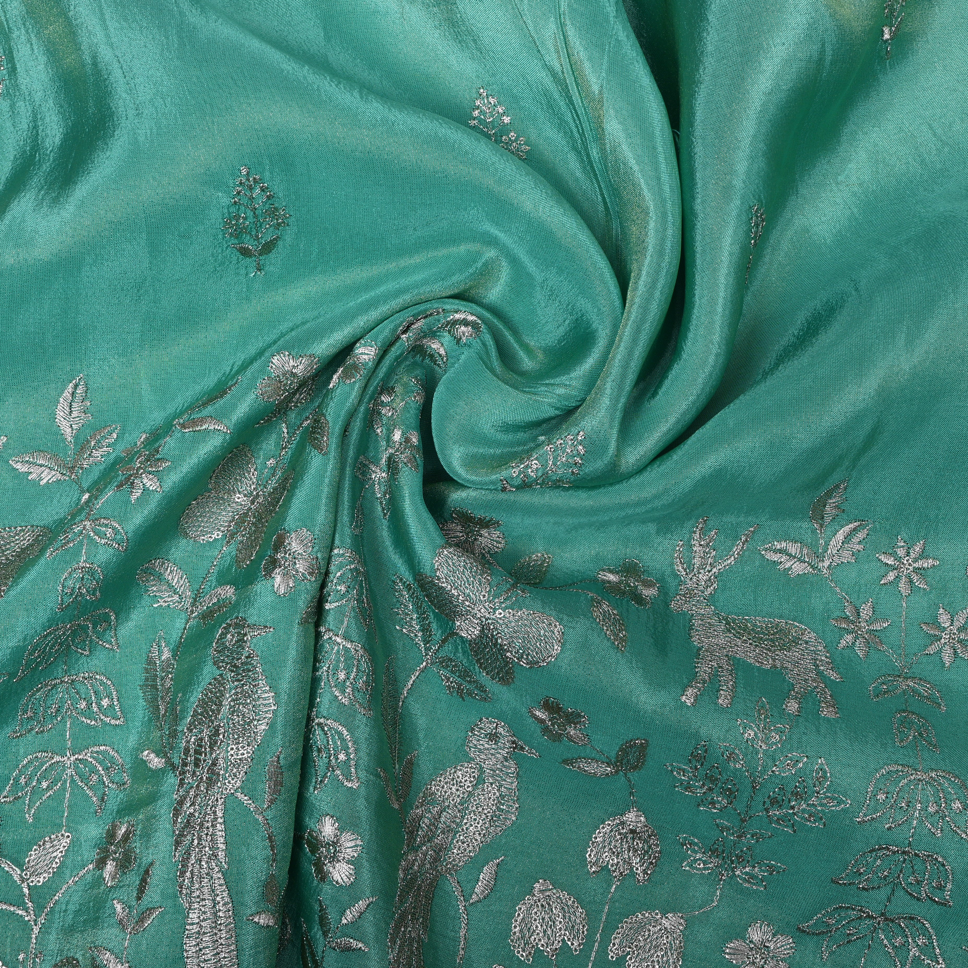 Turquoise Floral Shikargah Embroidery Tissue Fabric